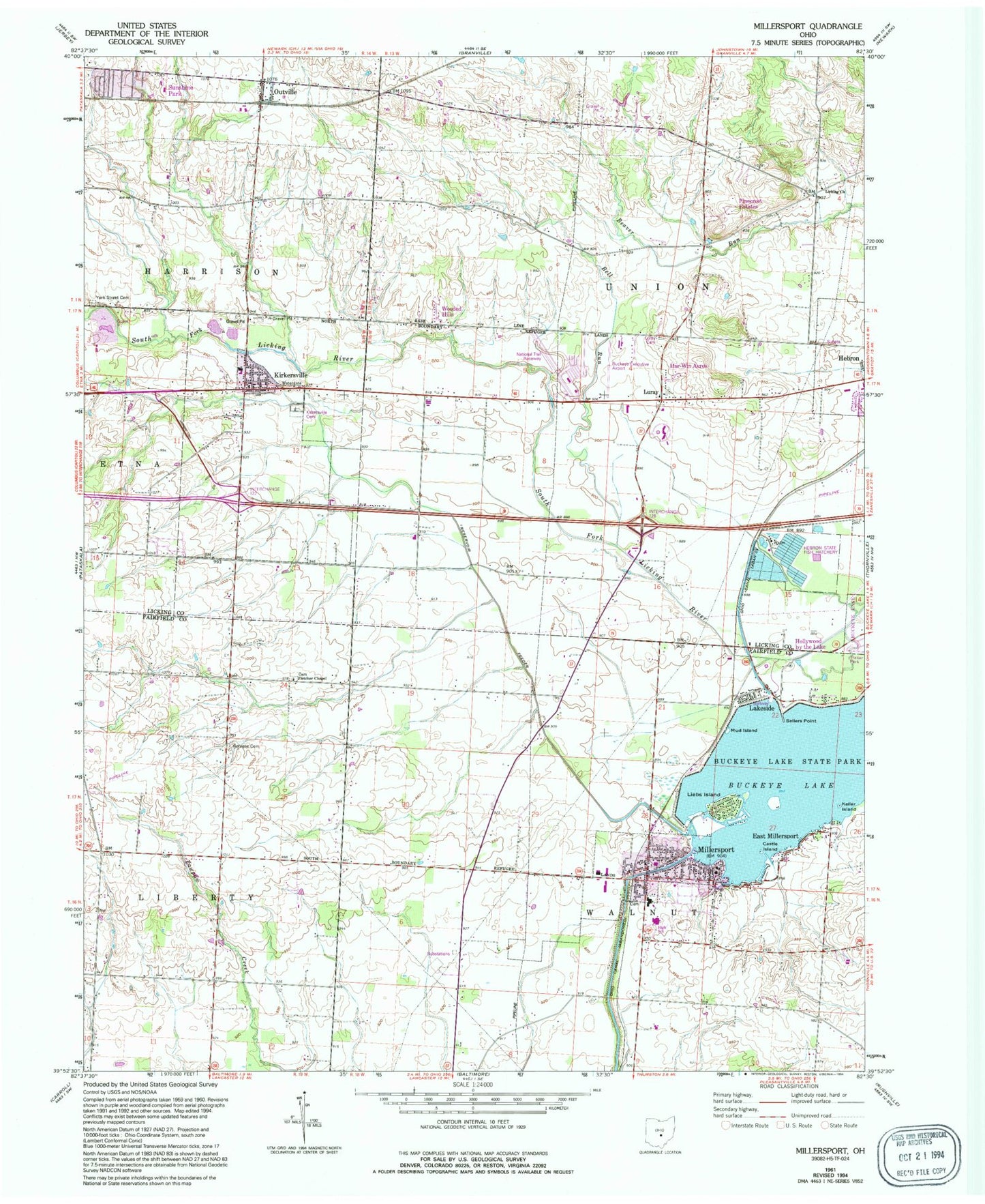 Classic USGS Millersport Ohio 7.5'x7.5' Topo Map Image