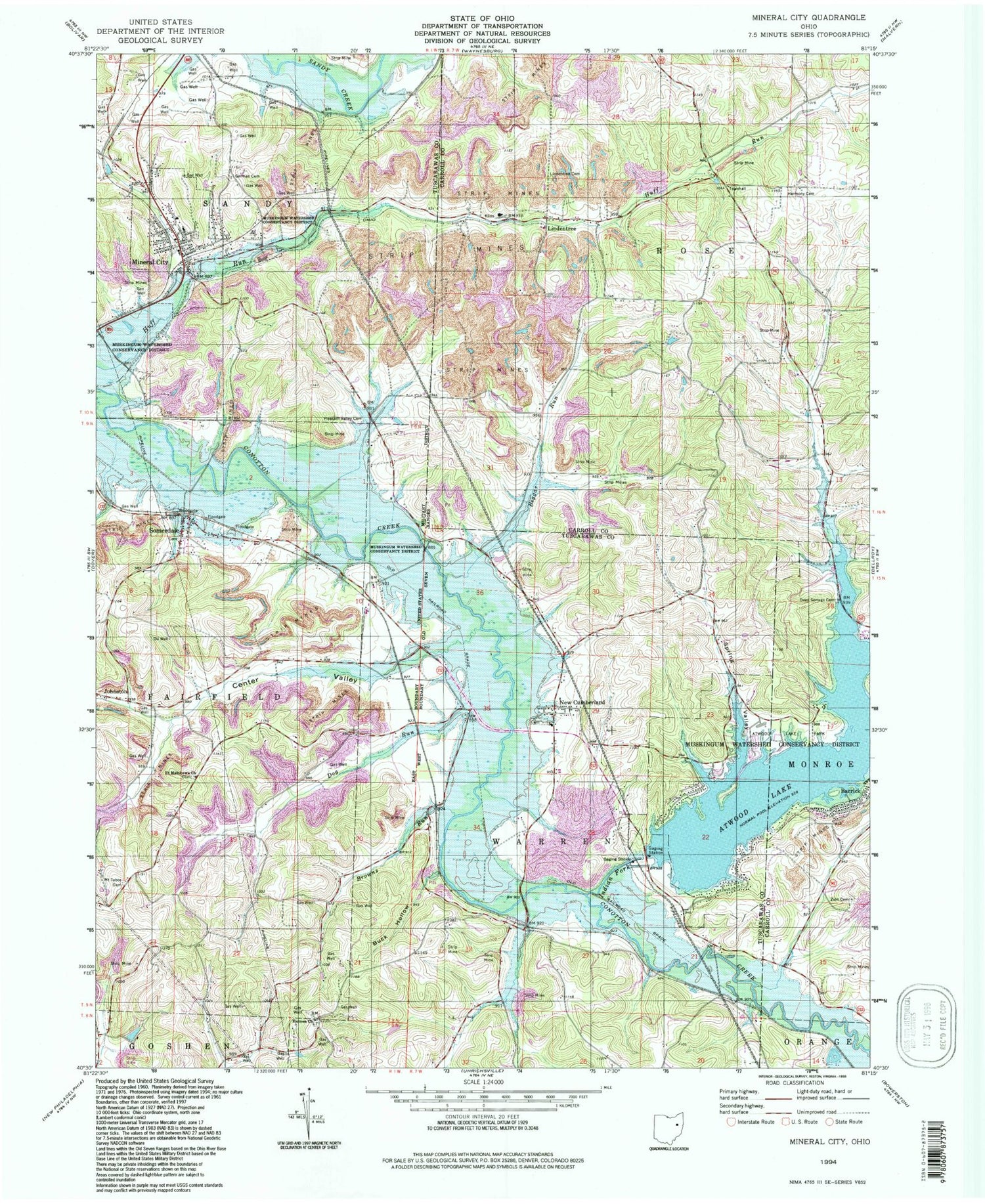 Classic USGS Mineral City Ohio 7.5'x7.5' Topo Map Image
