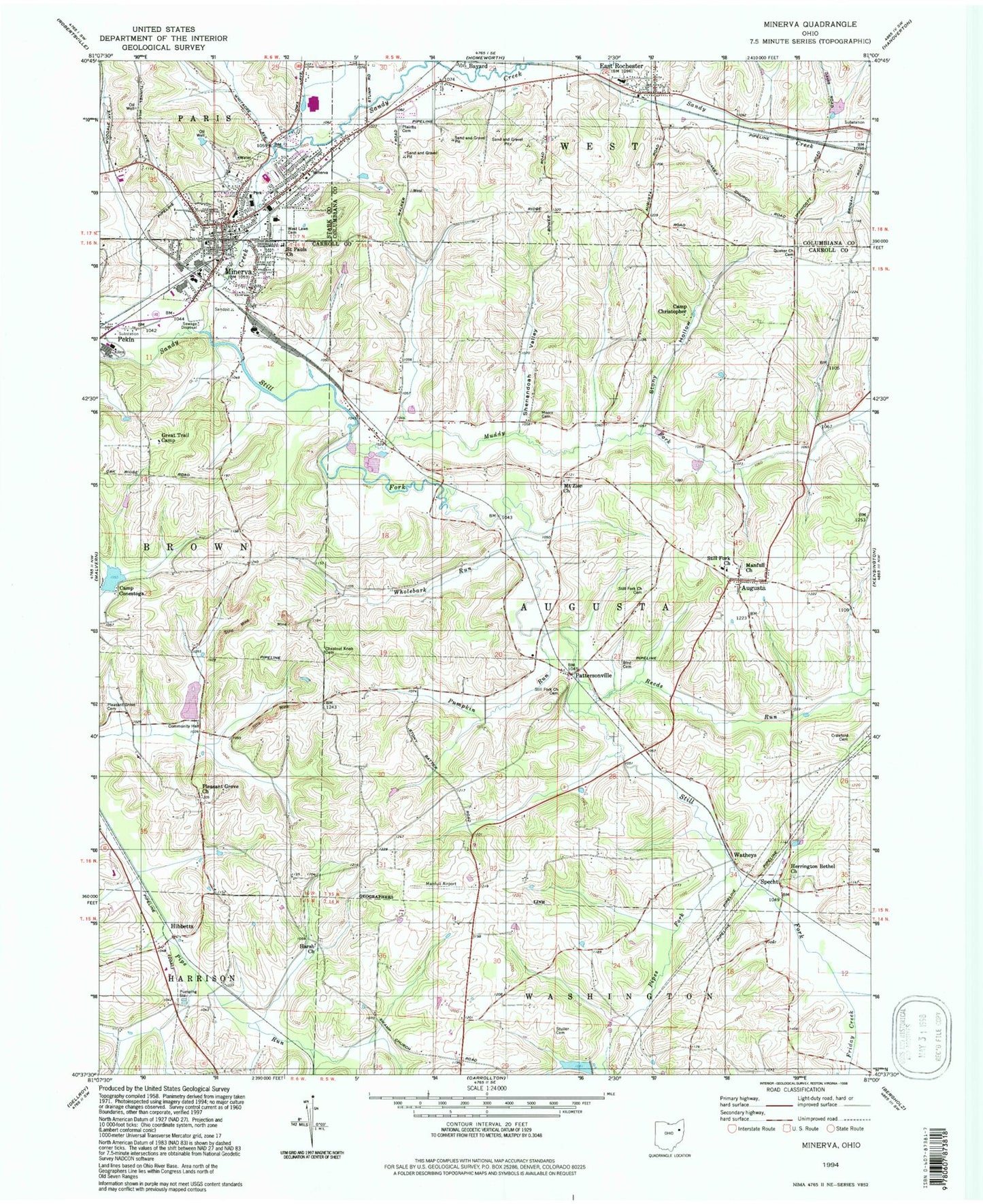 Classic USGS Minerva Ohio 7.5'x7.5' Topo Map Image