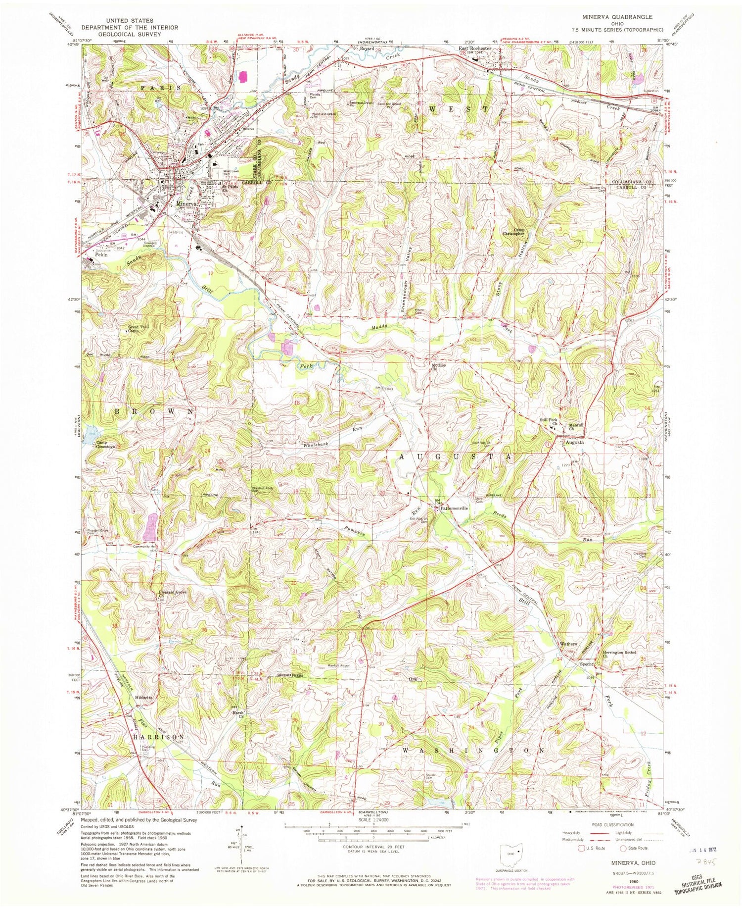 Classic USGS Minerva Ohio 7.5'x7.5' Topo Map Image