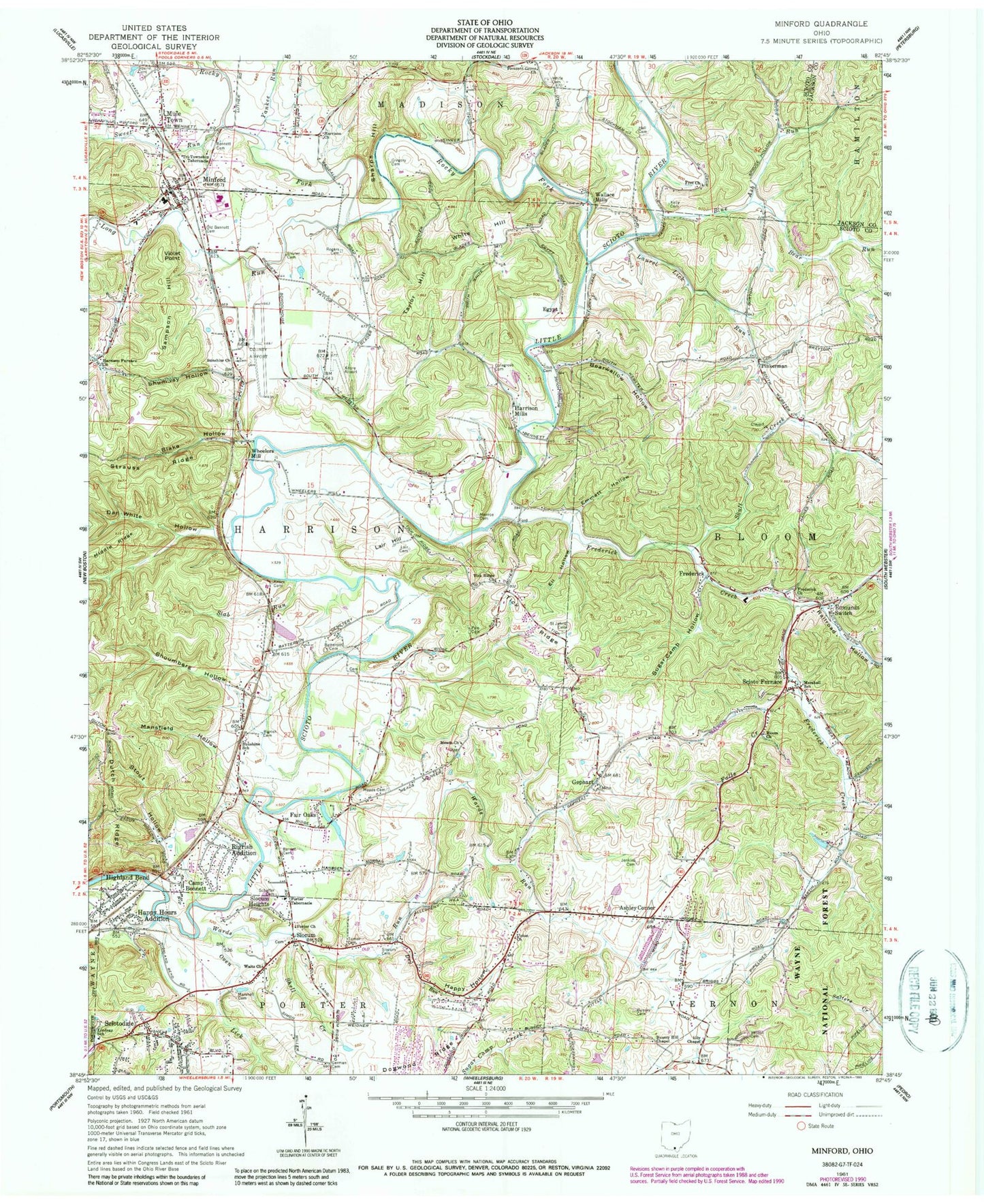 Classic USGS Minford Ohio 7.5'x7.5' Topo Map Image