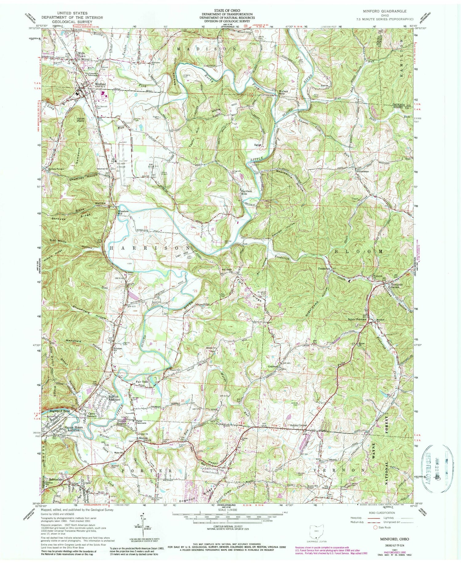 Classic USGS Minford Ohio 7.5'x7.5' Topo Map Image