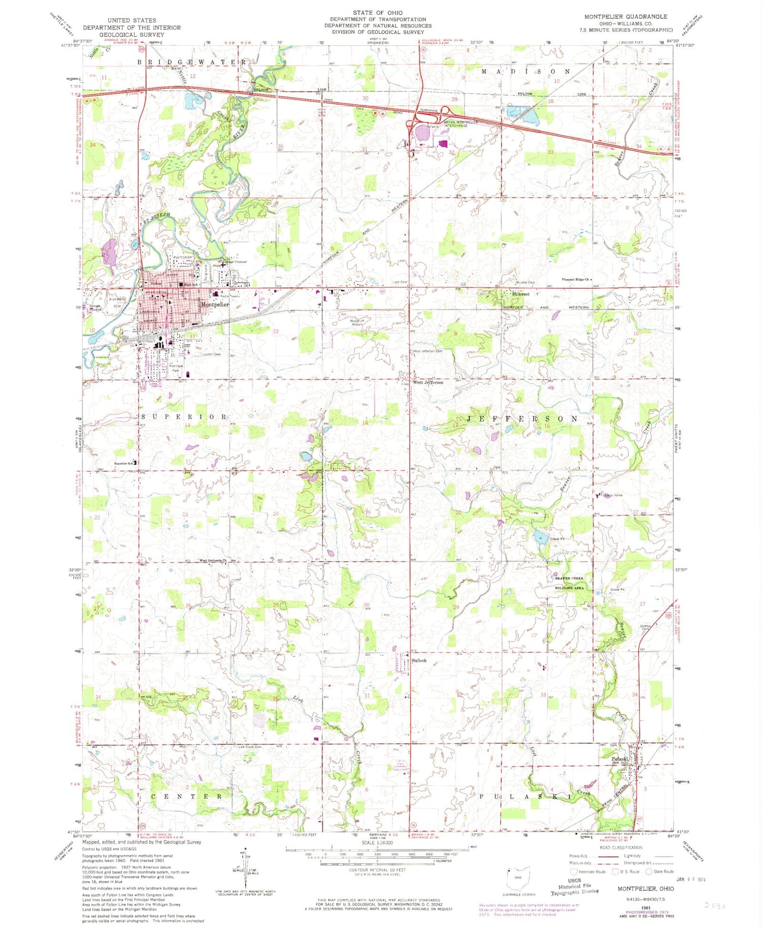 Classic USGS Montpelier Ohio 7.5'x7.5' Topo Map Image
