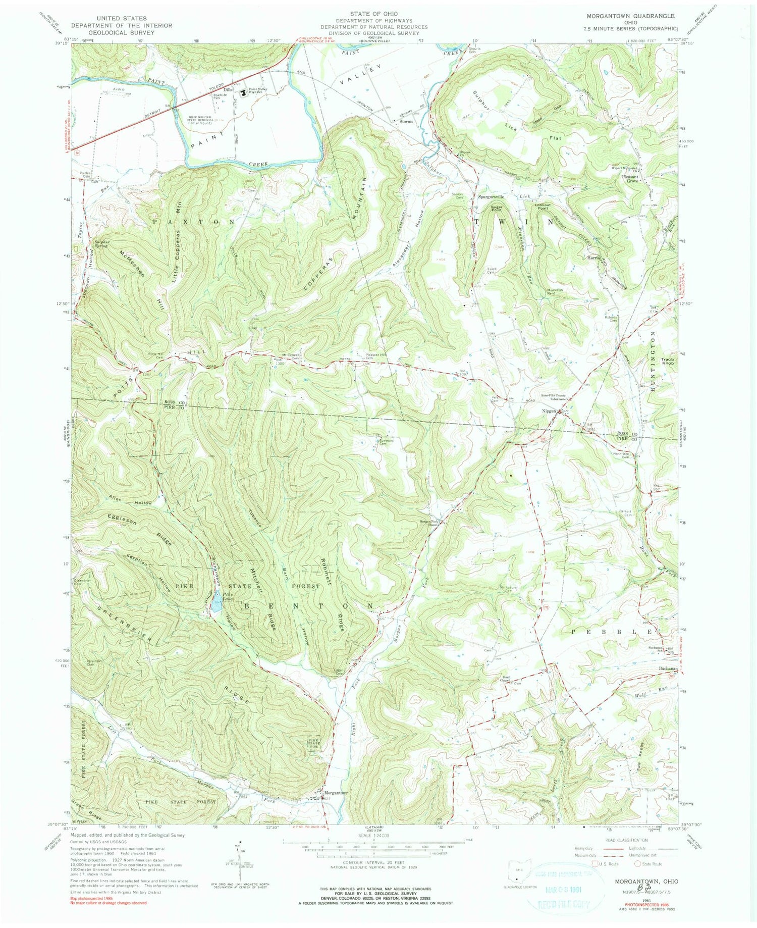 Classic USGS Morgantown Ohio 7.5'x7.5' Topo Map Image
