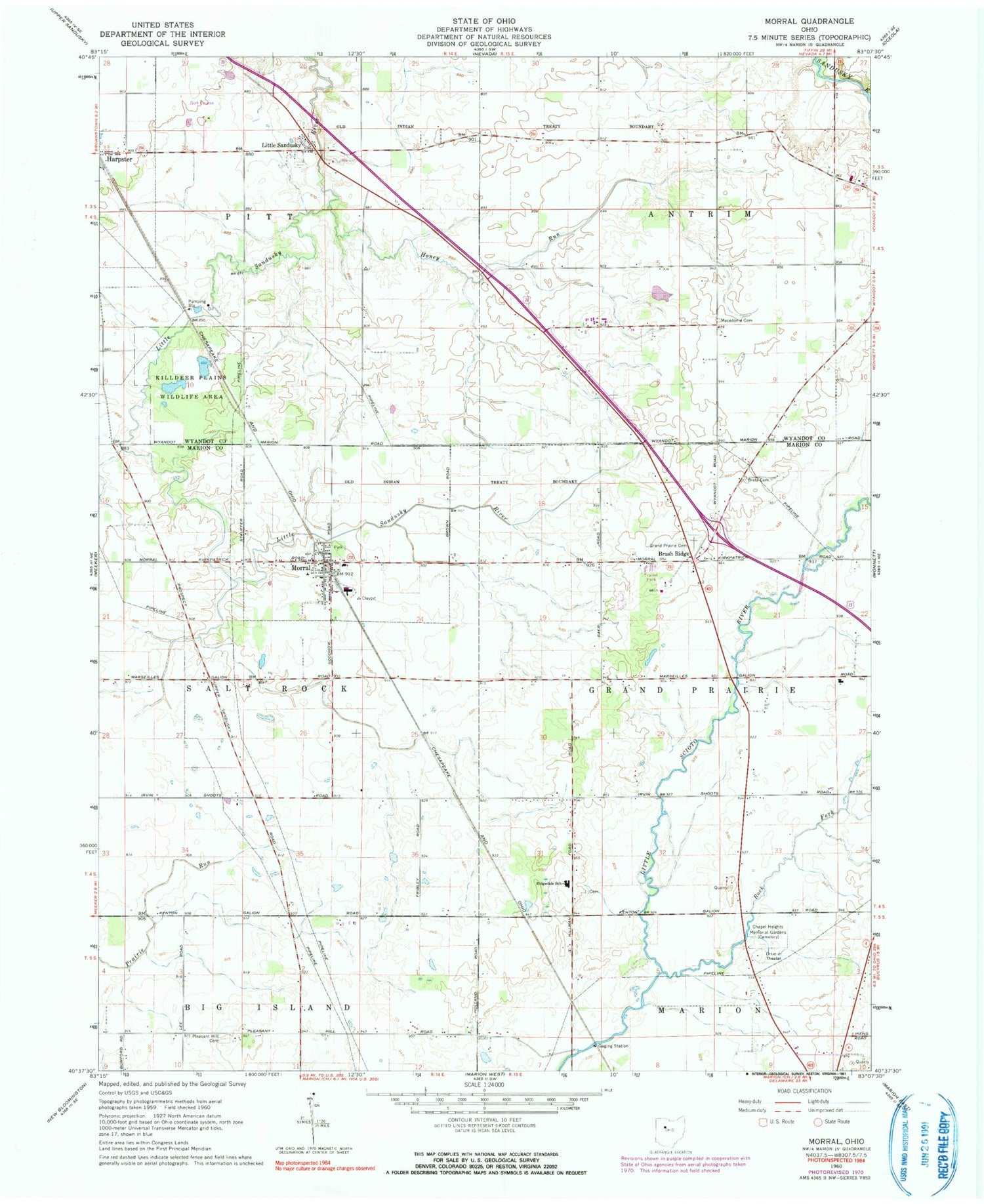 Classic USGS Morral Ohio 7.5'x7.5' Topo Map Image