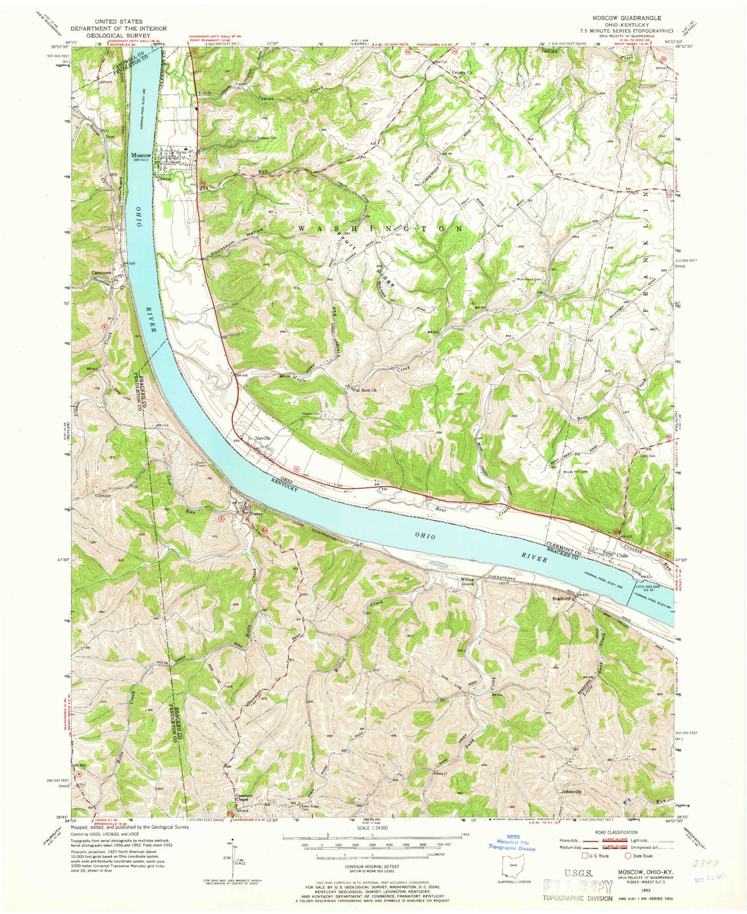 Classic USGS Moscow Ohio 7.5'x7.5' Topo Map Image