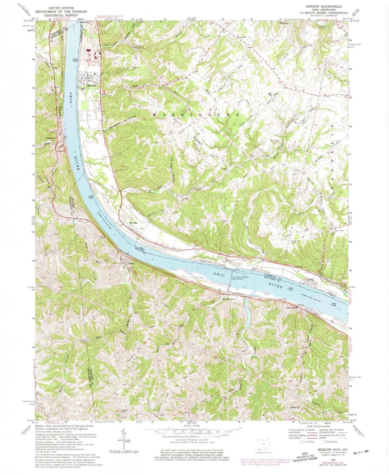 Classic USGS Moscow Ohio 7.5'x7.5' Topo Map Image