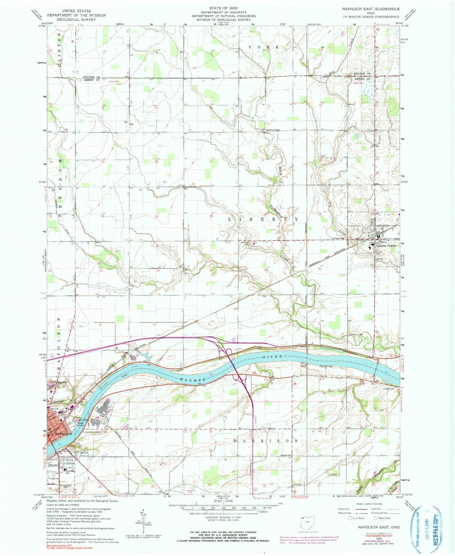 Classic USGS Napoleon East Ohio 7.5'x7.5' Topo Map Image