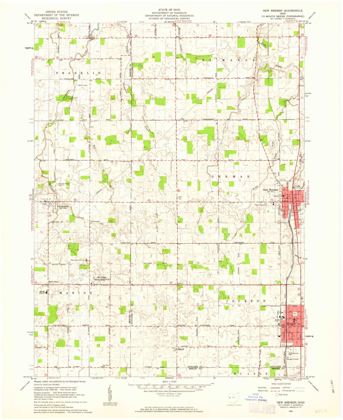 Classic USGS New Bremen Ohio 7.5'x7.5' Topo Map Image