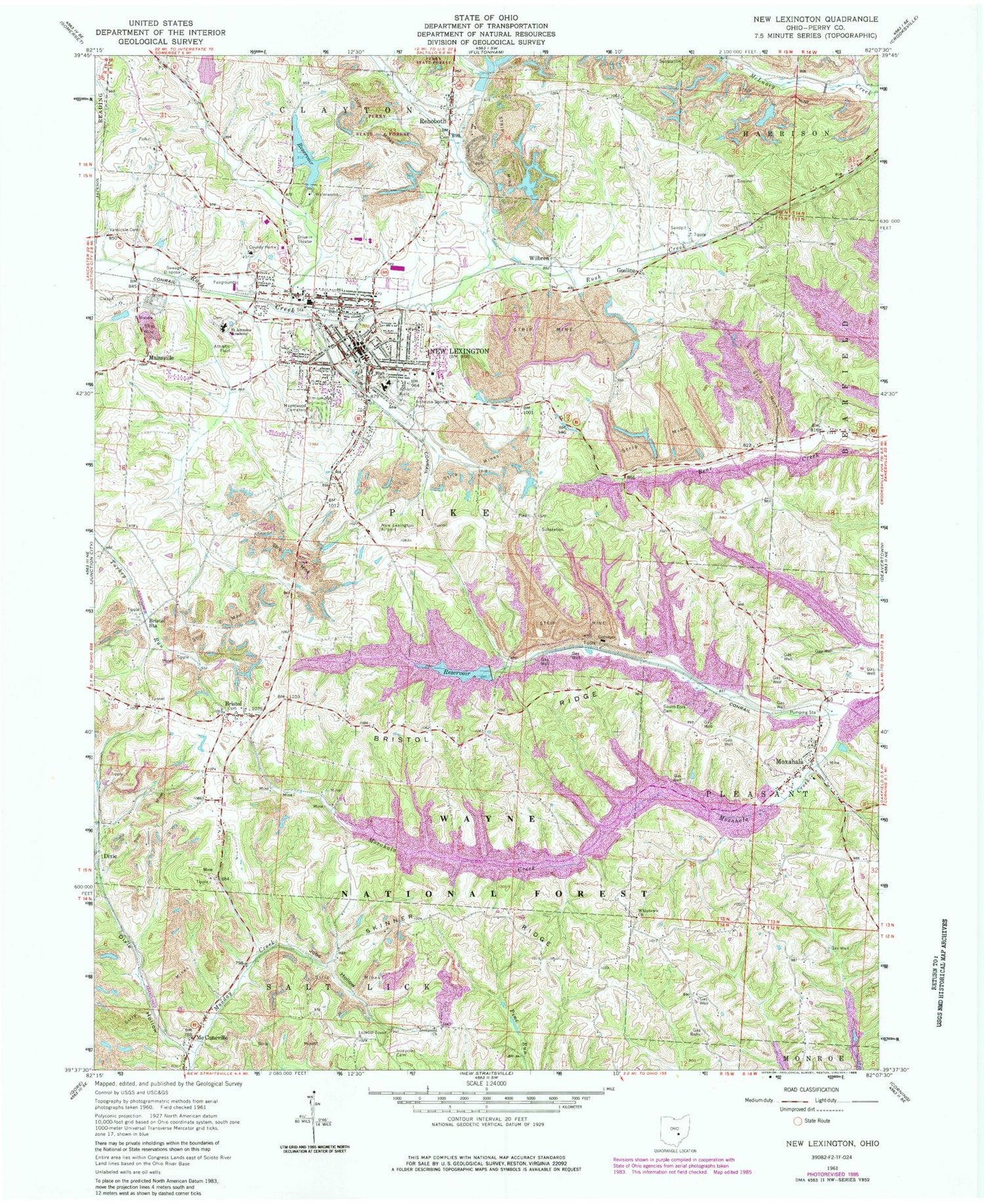 Classic USGS New Lexington Ohio 7.5'x7.5' Topo Map Image