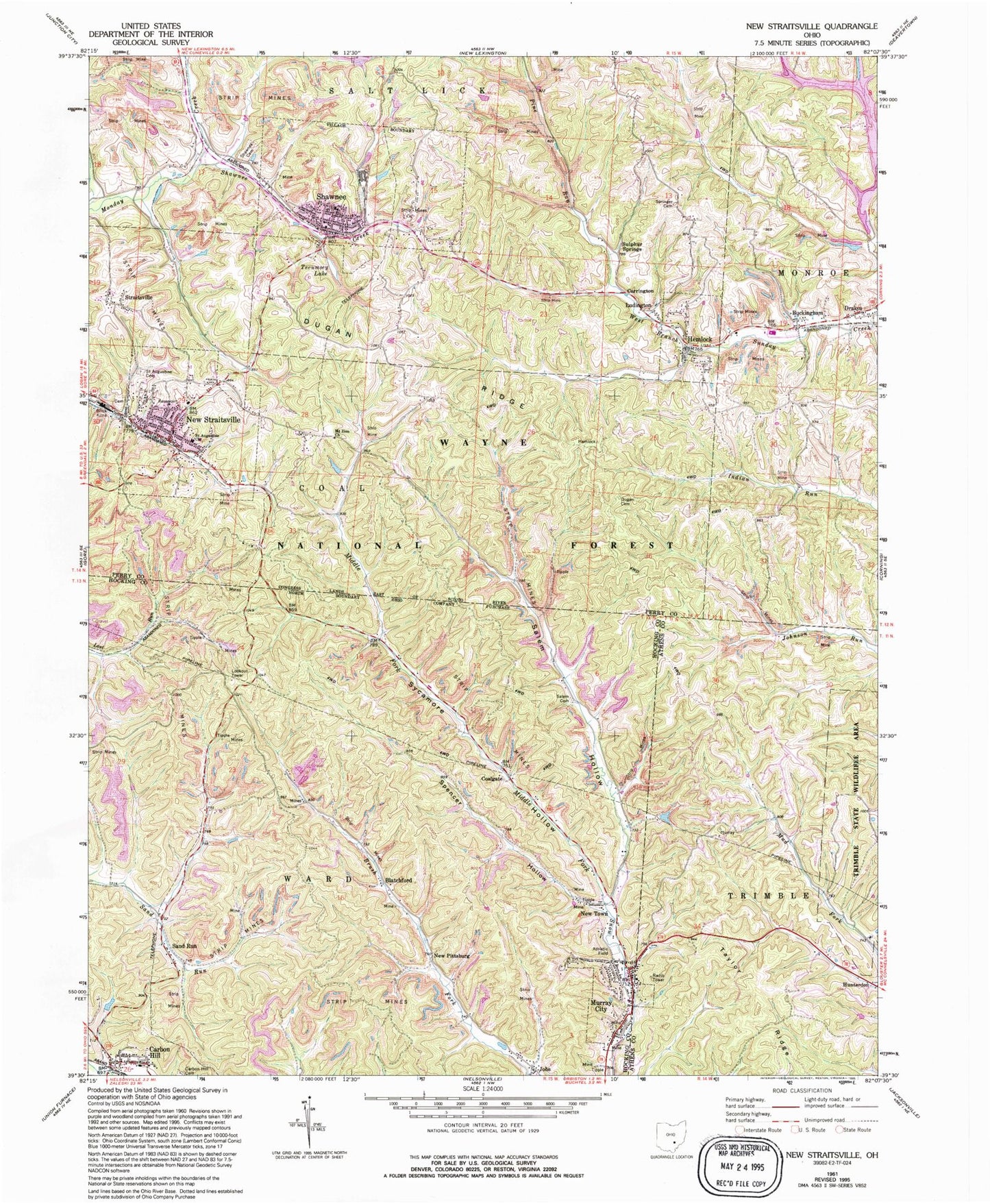 Classic USGS New Straitsville Ohio 7.5'x7.5' Topo Map Image