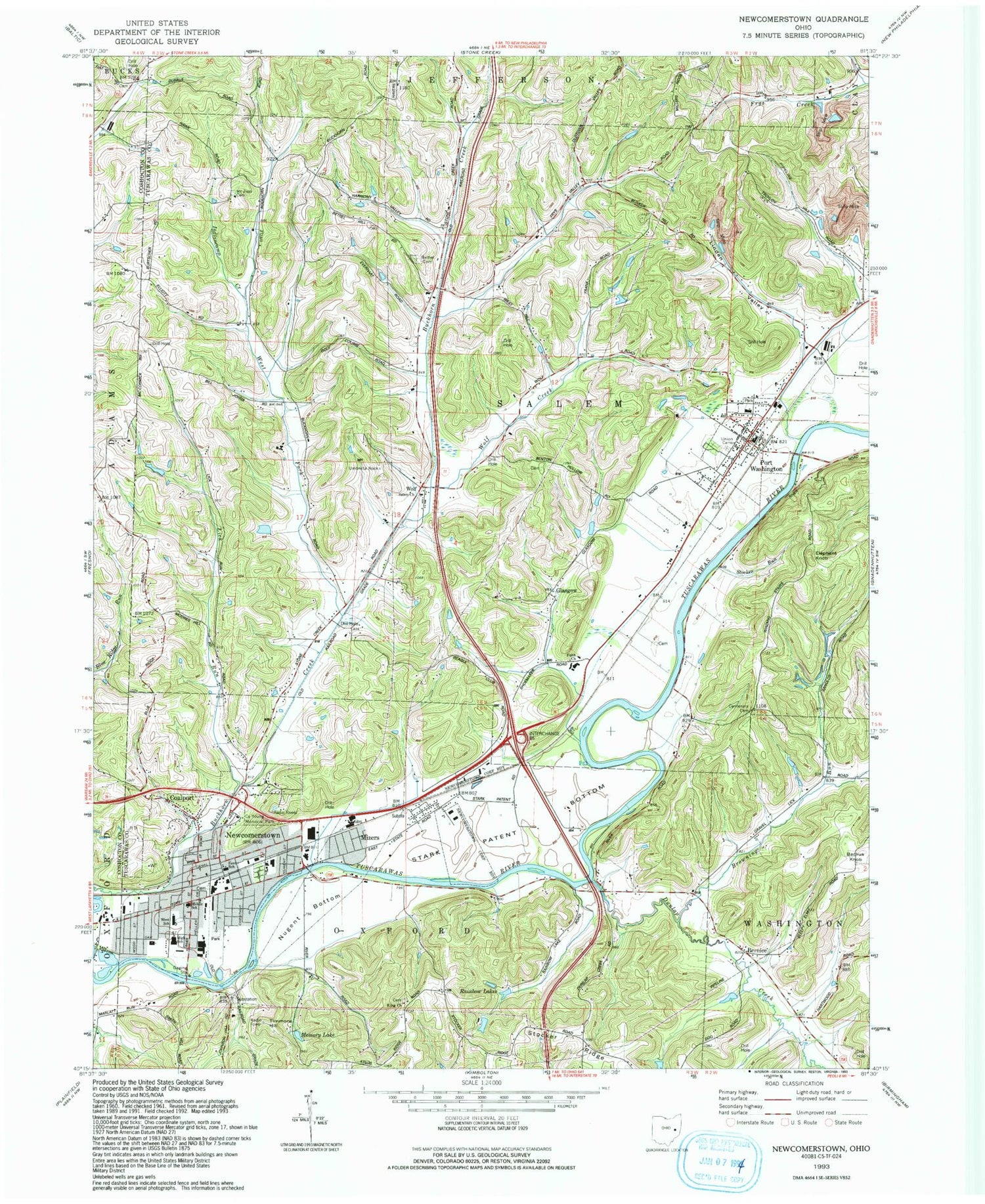 Classic USGS Newcomerstown Ohio 7.5'x7.5' Topo Map Image
