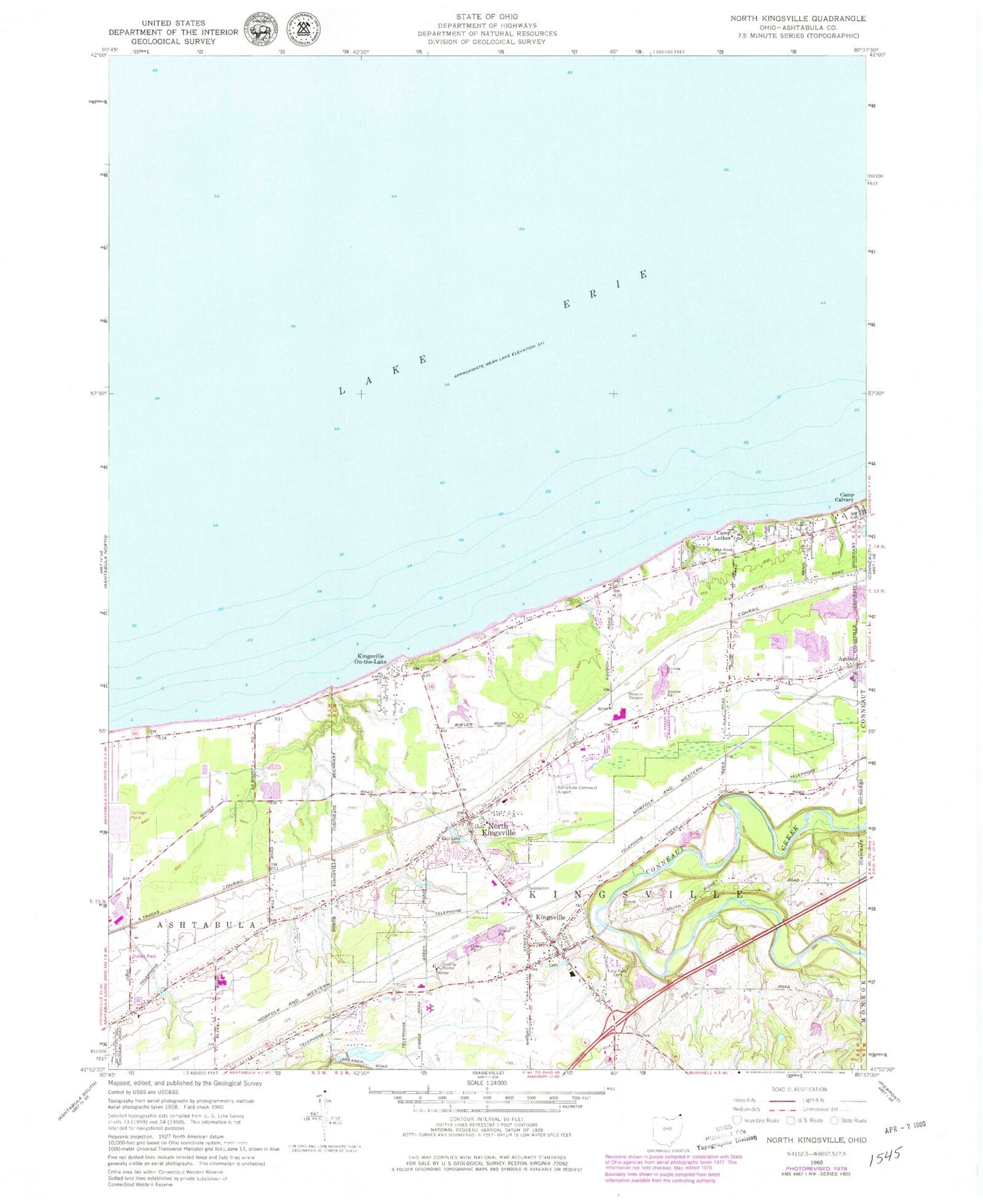 Classic USGS North Kingsville Ohio 7.5'x7.5' Topo Map Image