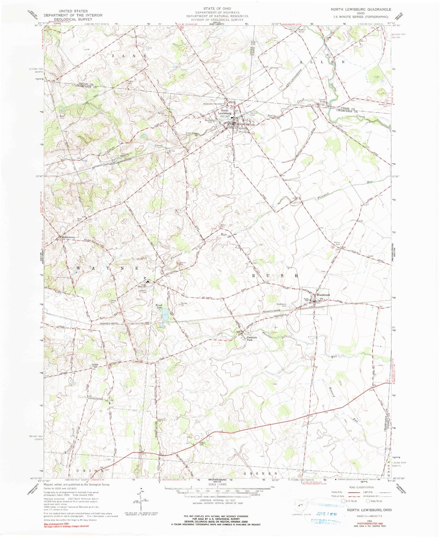 Classic USGS North Lewisburg Ohio 7.5'x7.5' Topo Map Image