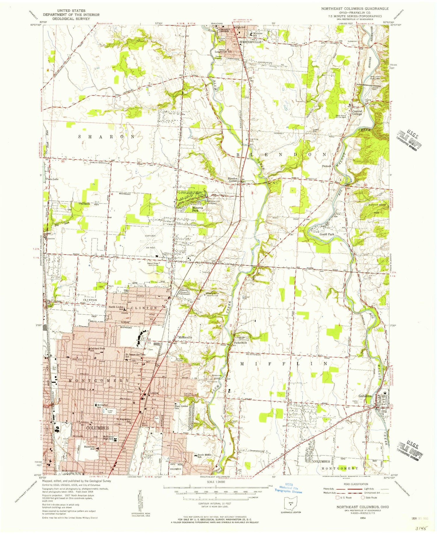 Classic USGS Northeast Columbus Ohio 7.5'x7.5' Topo Map Image