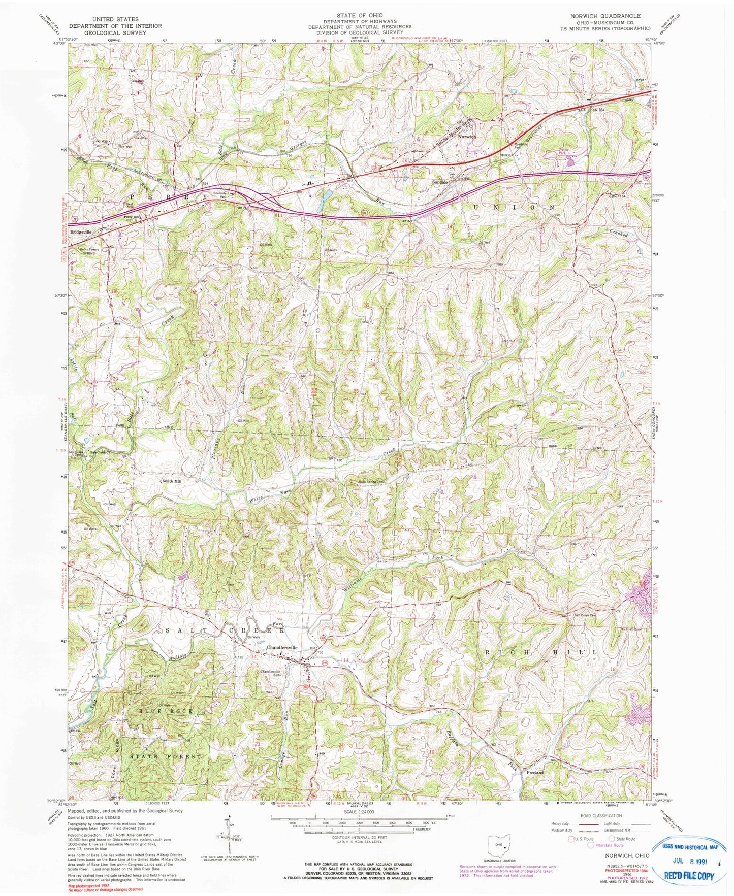 Classic USGS Norwich Ohio 7.5'x7.5' Topo Map Image