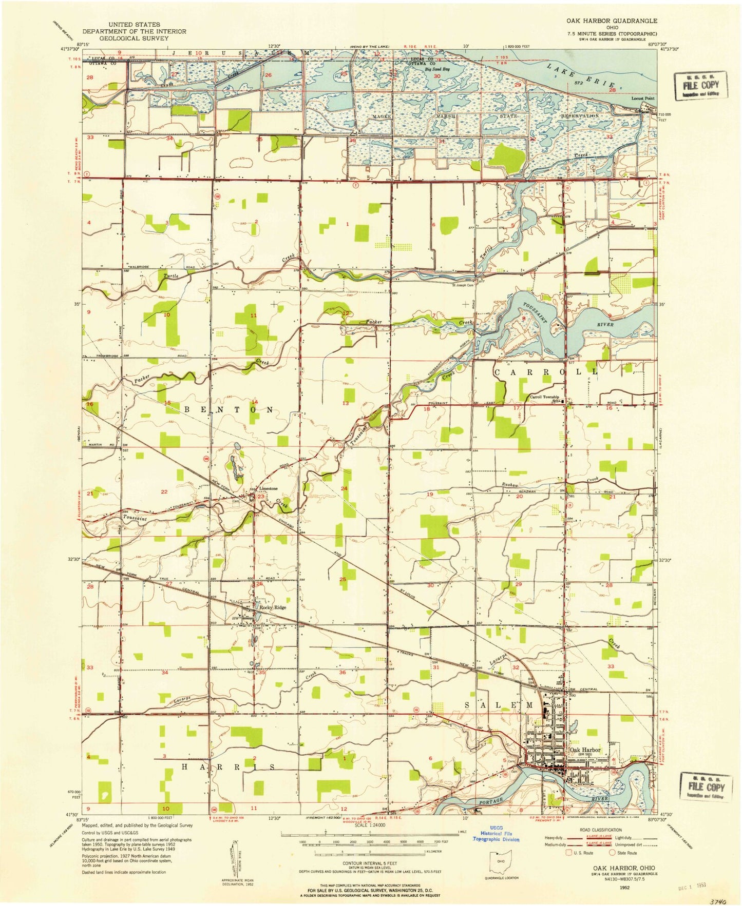 Classic USGS Oak Harbor Ohio 7.5'x7.5' Topo Map Image