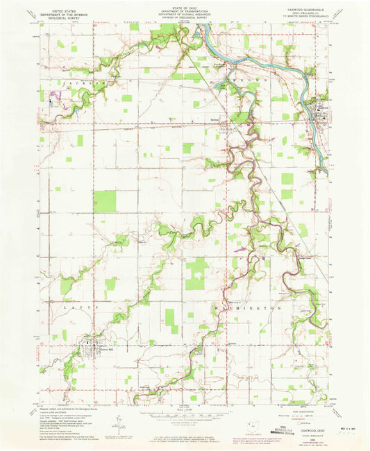 Classic USGS Oakwood Ohio 7.5'x7.5' Topo Map Image