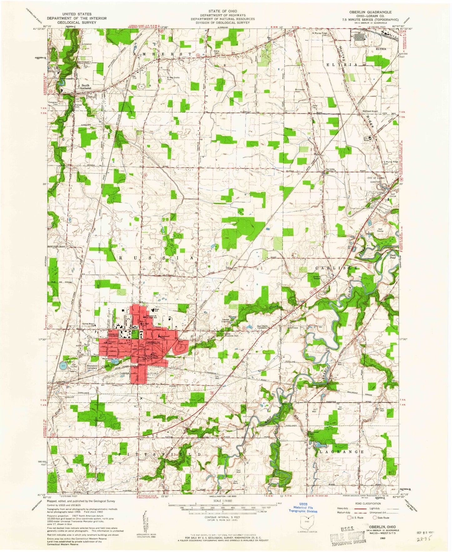 Classic USGS Oberlin Ohio 7.5'x7.5' Topo Map Image