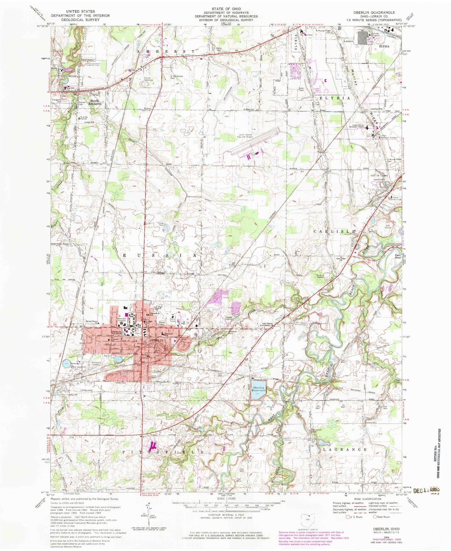 Classic USGS Oberlin Ohio 7.5'x7.5' Topo Map Image