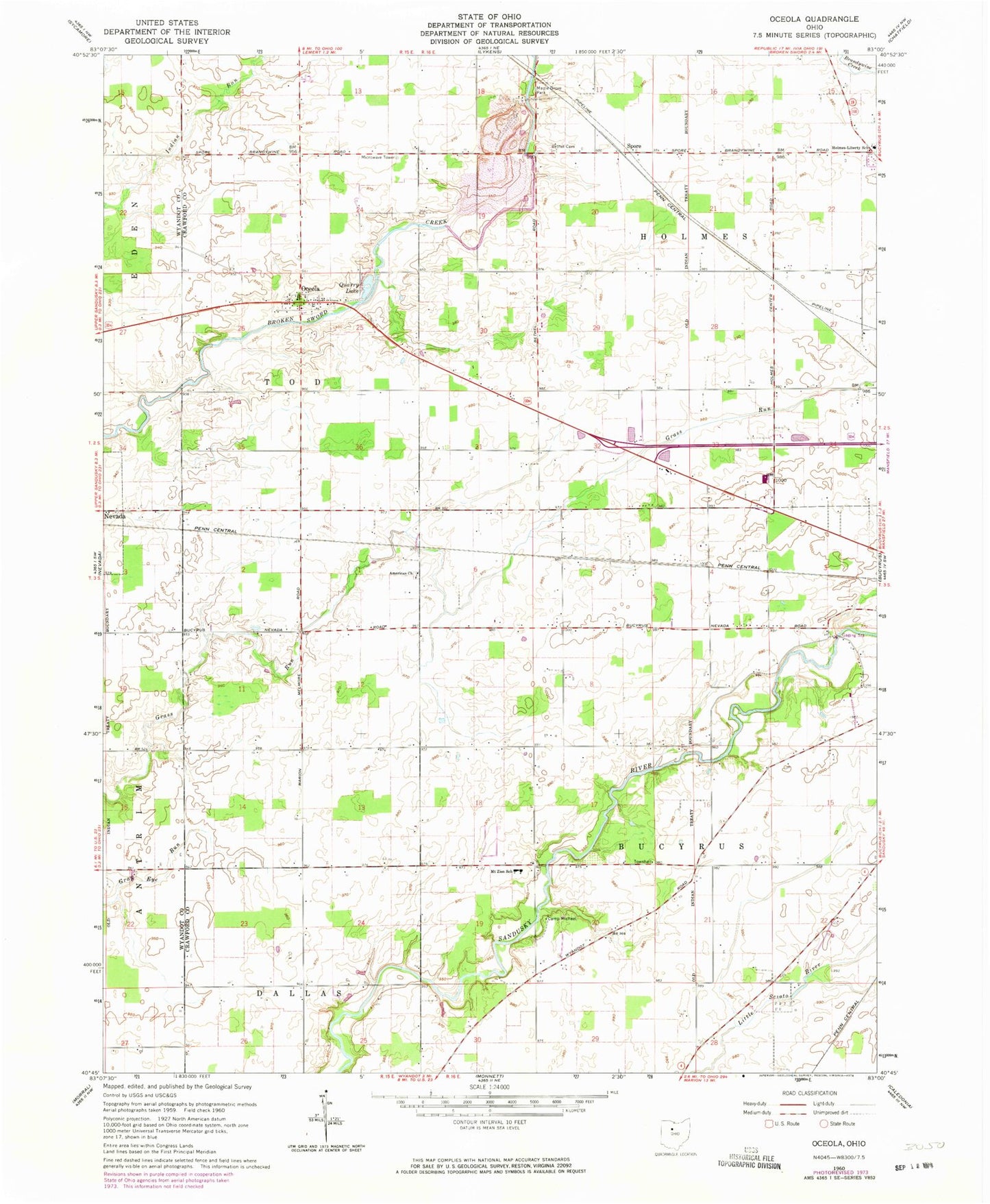 Classic USGS Oceola Ohio 7.5'x7.5' Topo Map Image