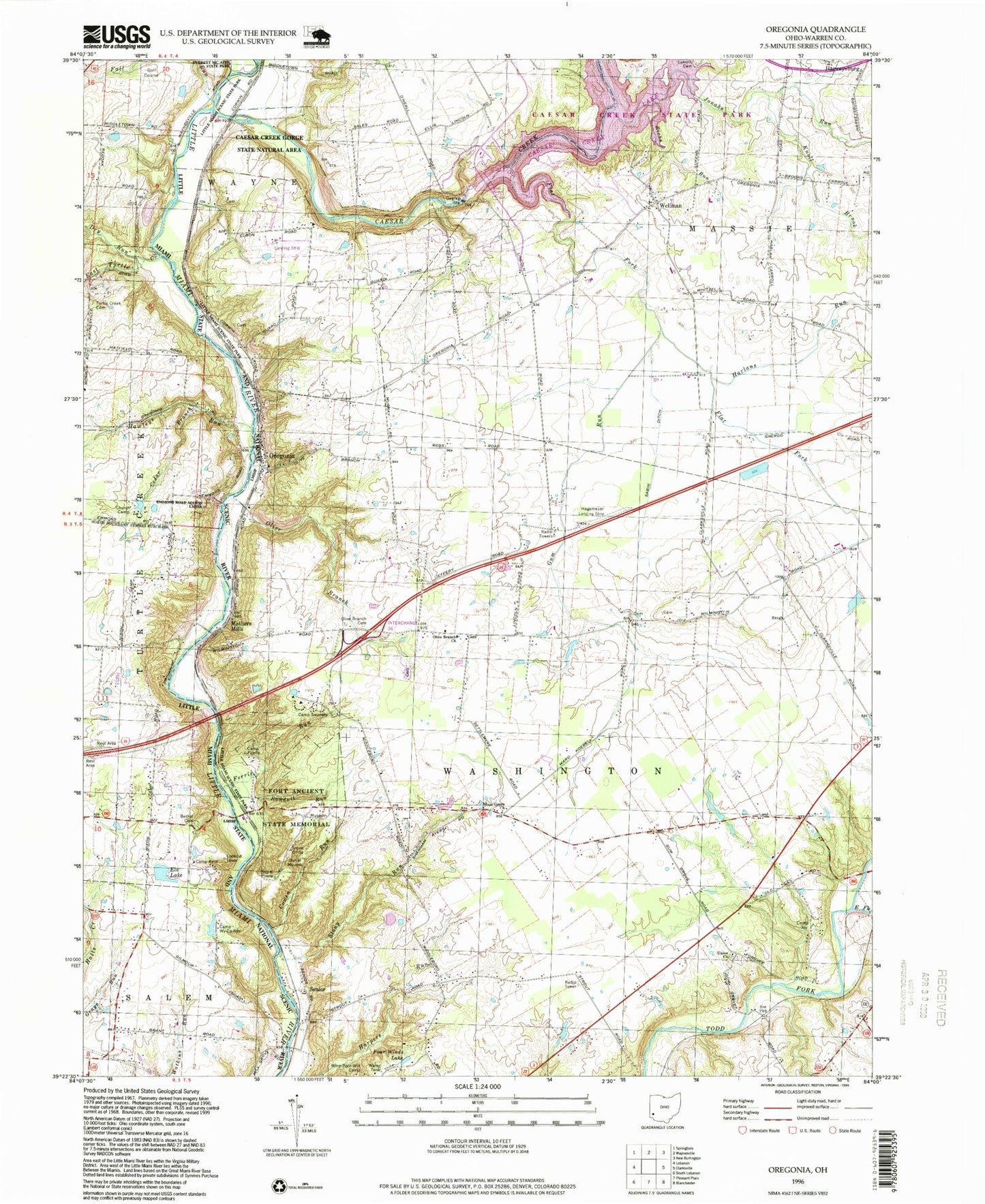 Classic USGS Oregonia Ohio 7.5'x7.5' Topo Map Image