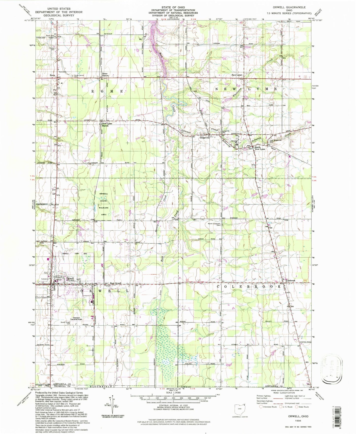 Classic USGS Orwell Ohio 7.5'x7.5' Topo Map Image