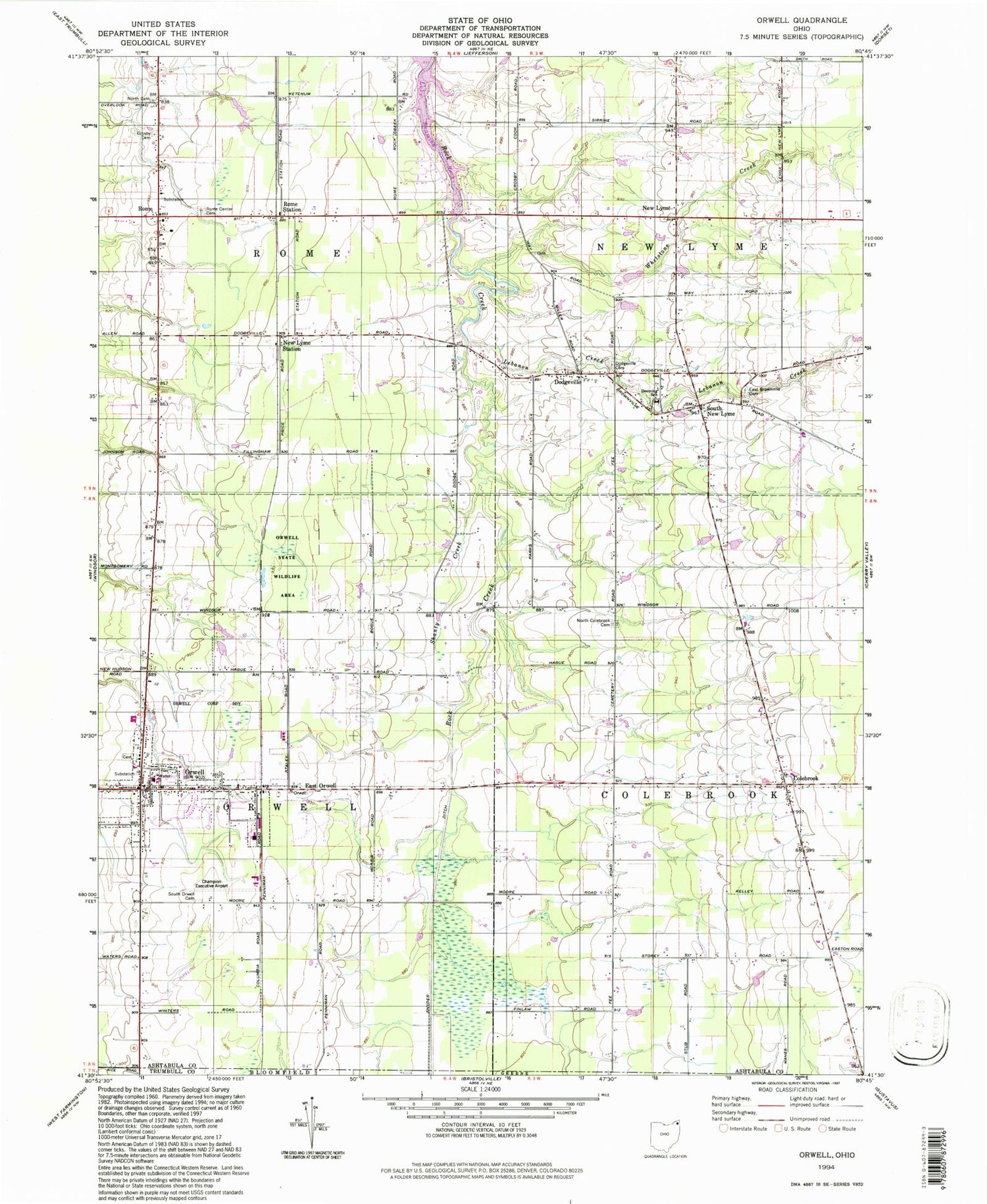 Classic USGS Orwell Ohio 7.5'x7.5' Topo Map Image