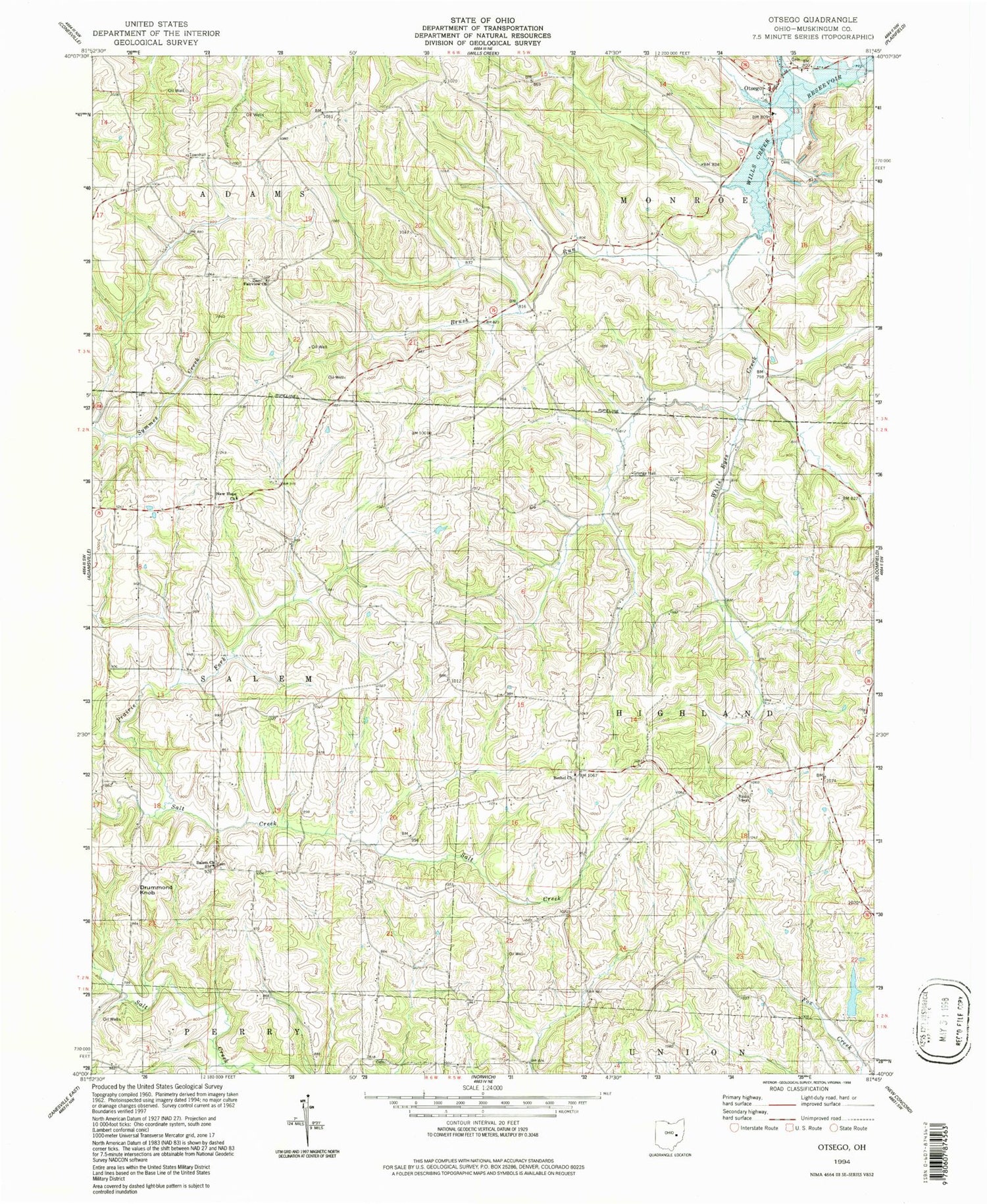 Classic USGS Otsego Ohio 7.5'x7.5' Topo Map Image
