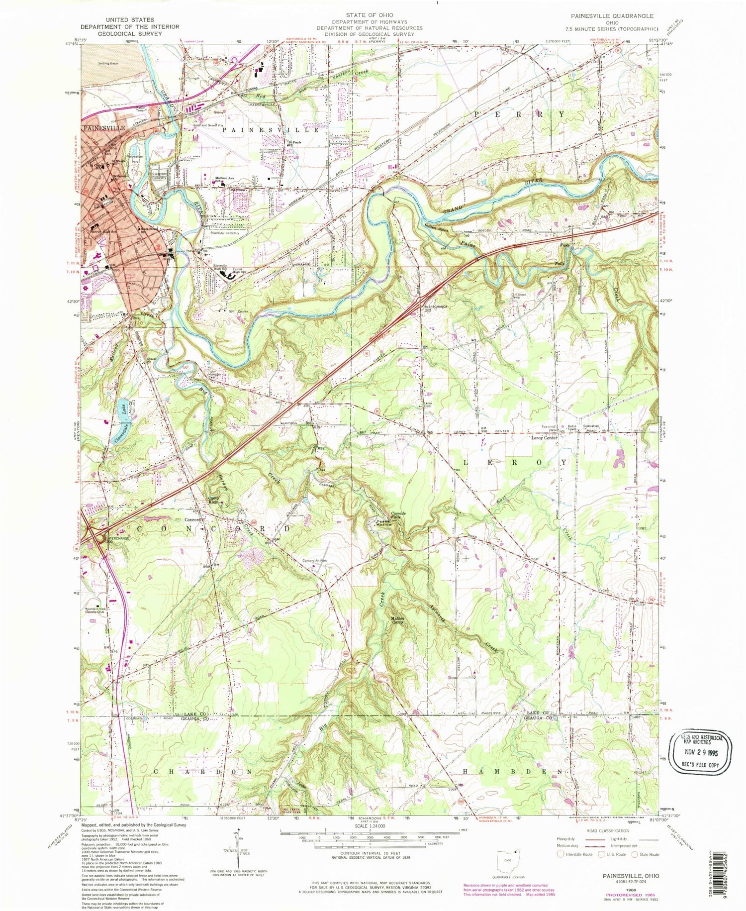 Classic USGS Painesville Ohio 7.5'x7.5' Topo Map Image
