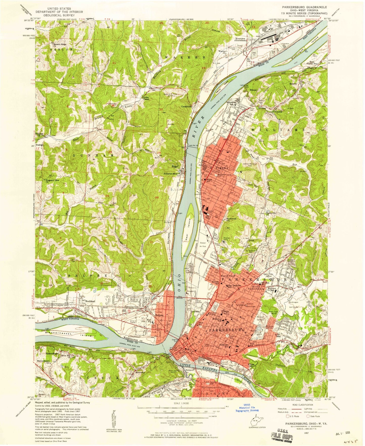Classic USGS Parkersburg West Virginia 7.5'x7.5' Topo Map Image