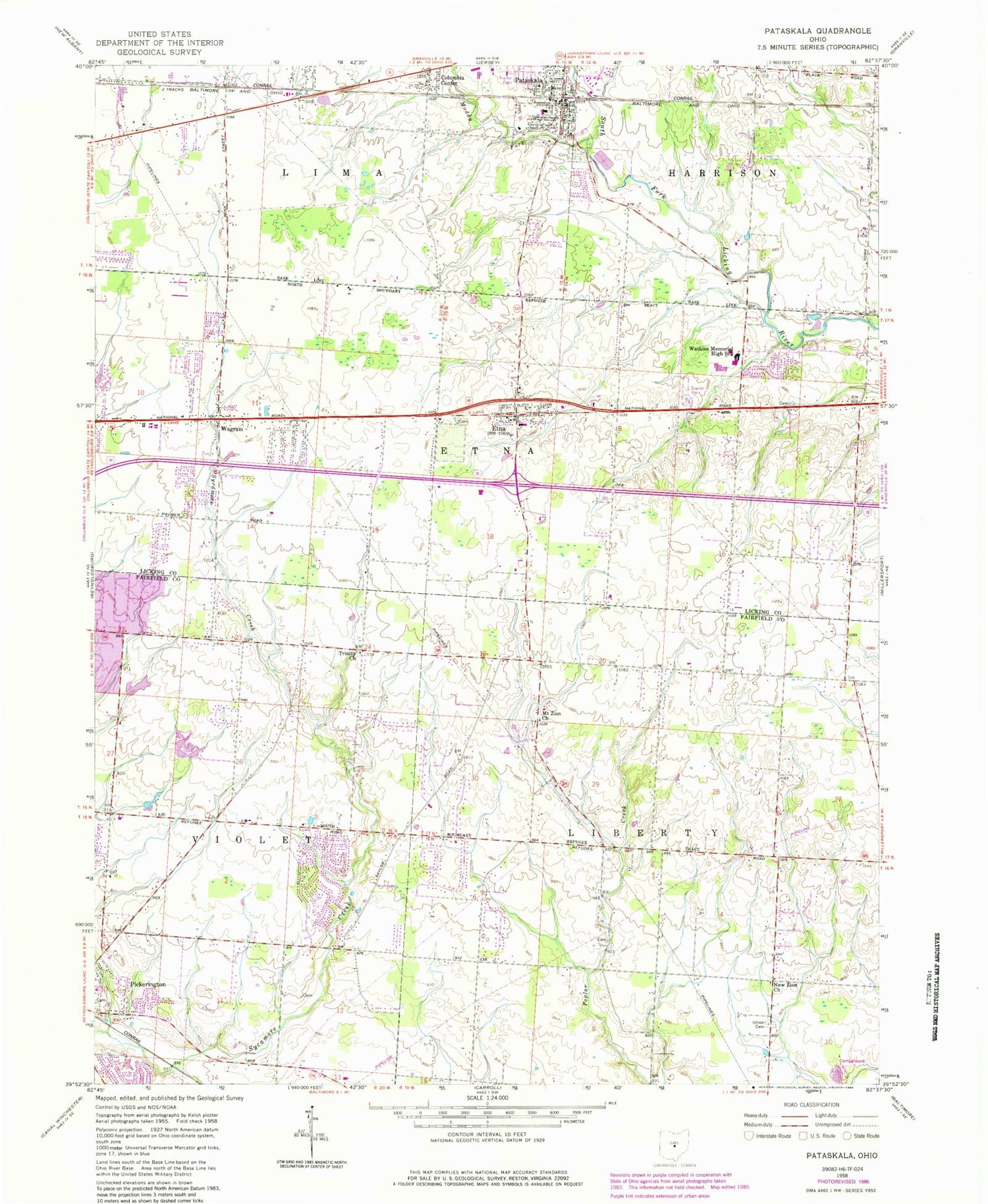 Classic USGS Pataskala Ohio 7.5'x7.5' Topo Map Image