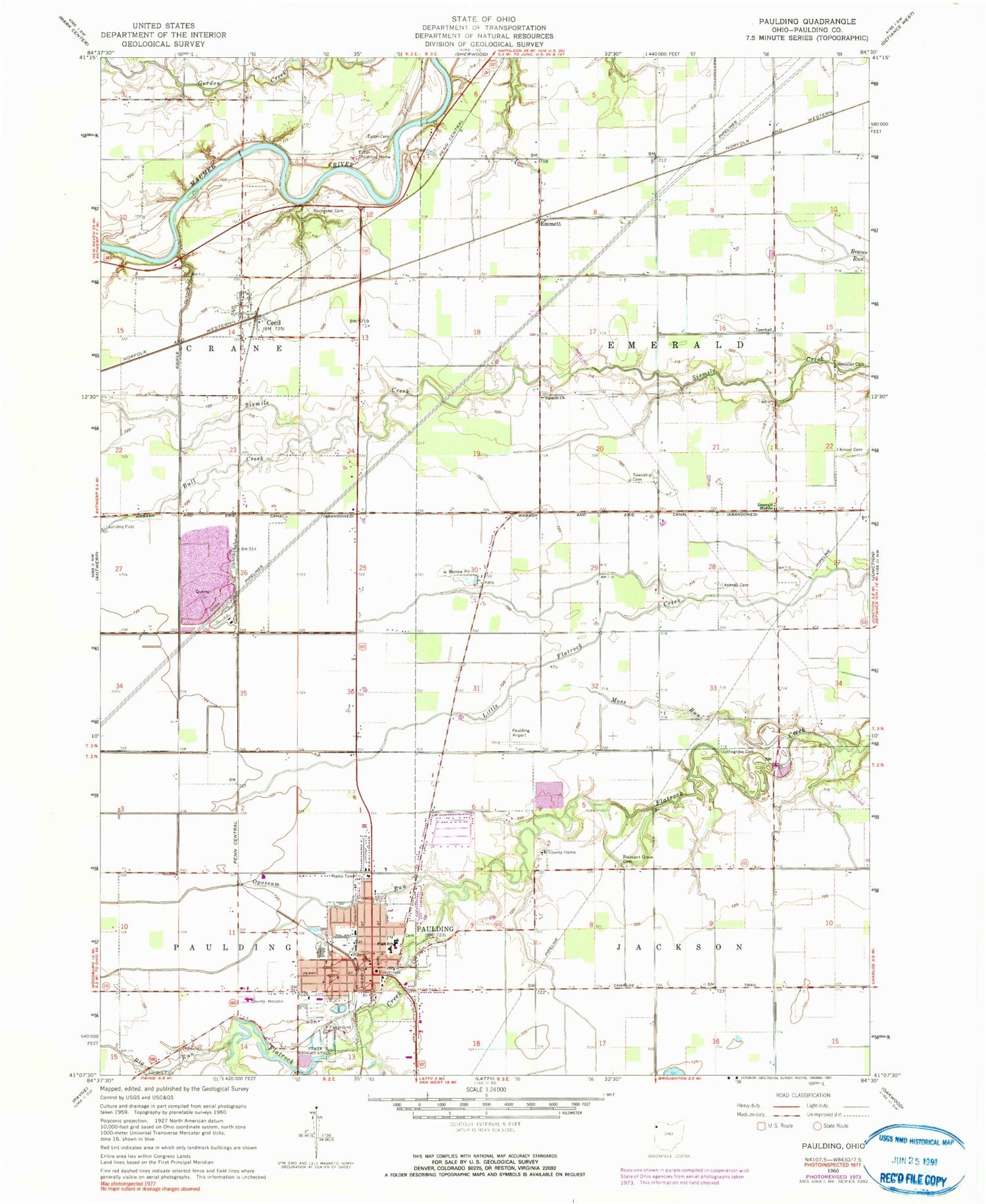 Classic USGS Paulding Ohio 7.5'x7.5' Topo Map Image