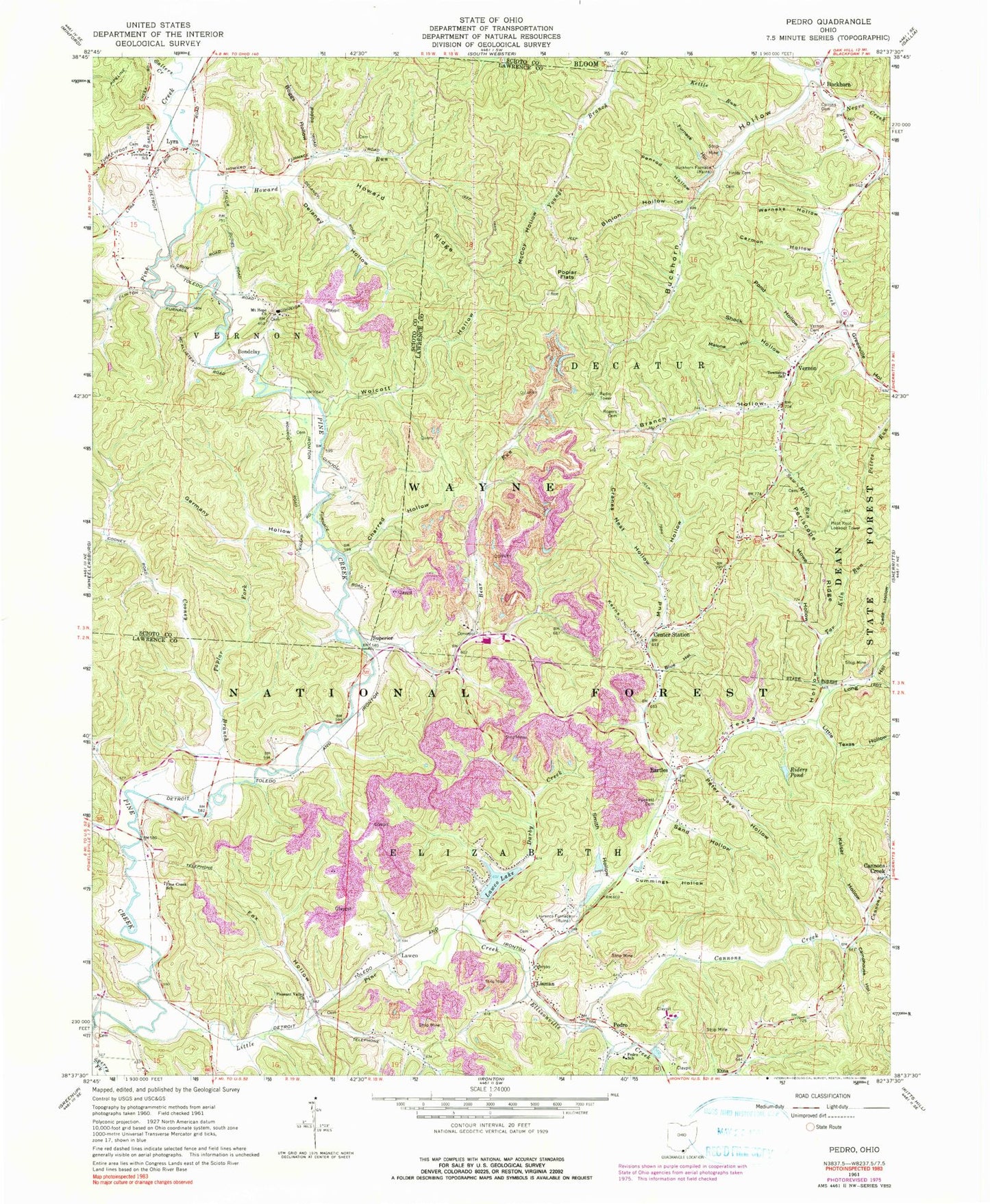Classic USGS Pedro Ohio 7.5'x7.5' Topo Map Image
