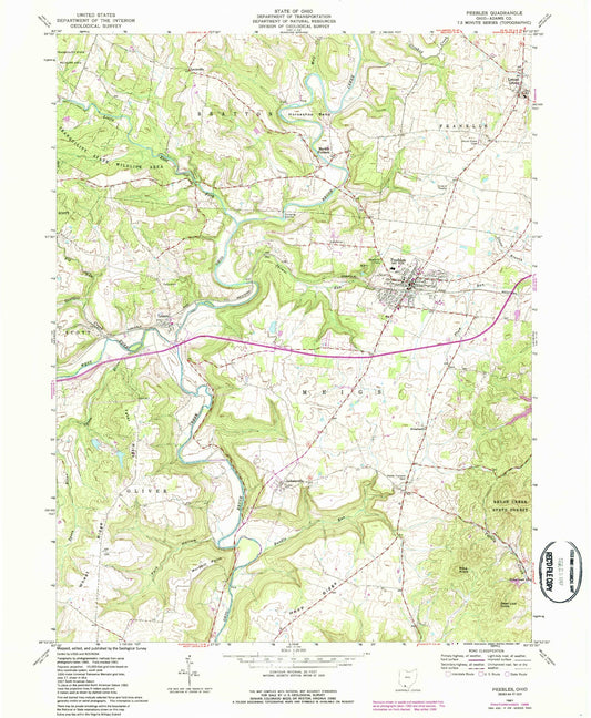 Classic USGS Peebles Ohio 7.5'x7.5' Topo Map Image