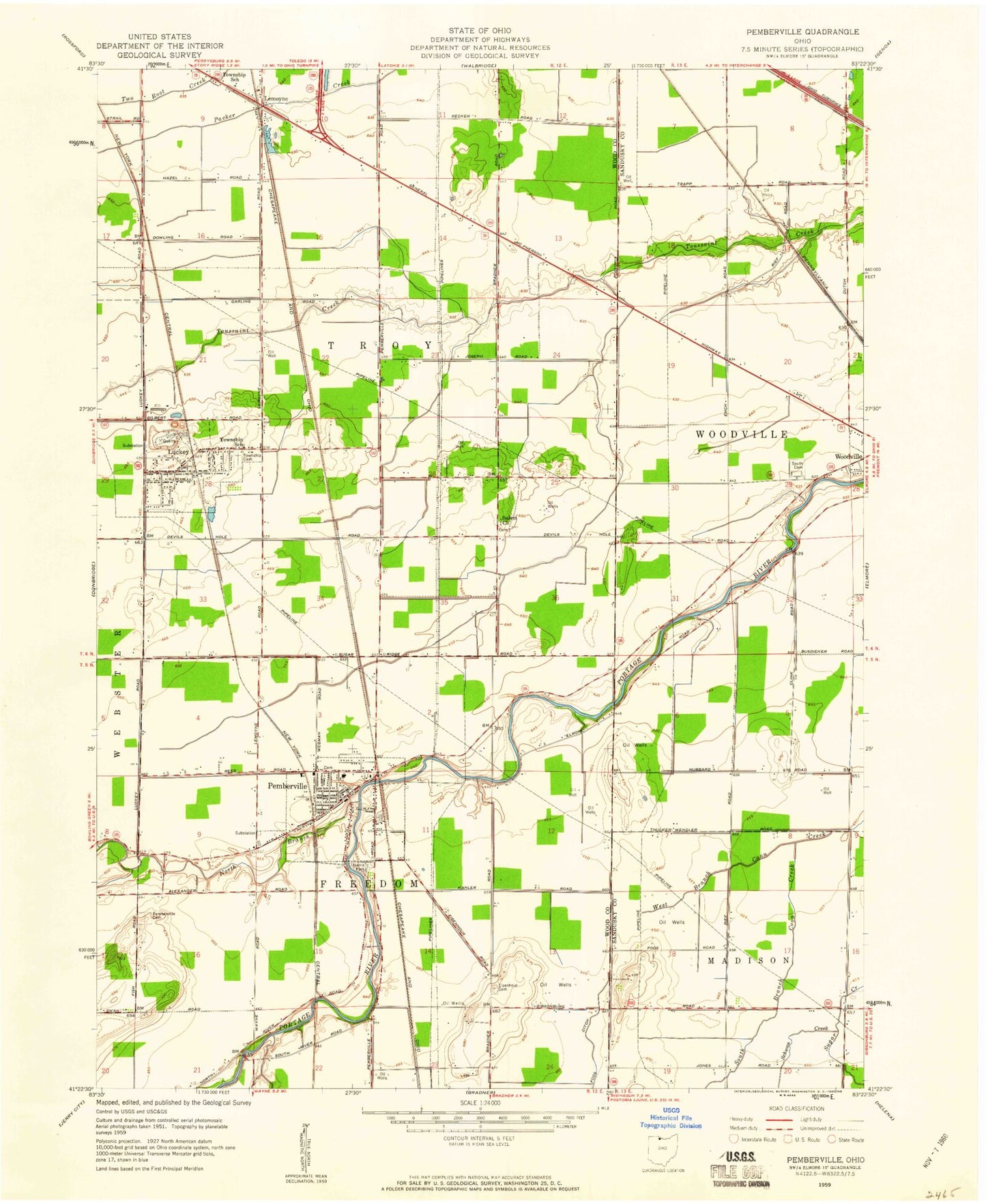 Classic USGS Pemberville Ohio 7.5'x7.5' Topo Map Image