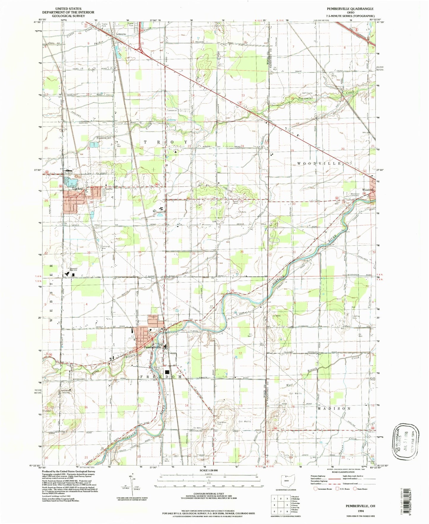Classic USGS Pemberville Ohio 7.5'x7.5' Topo Map Image