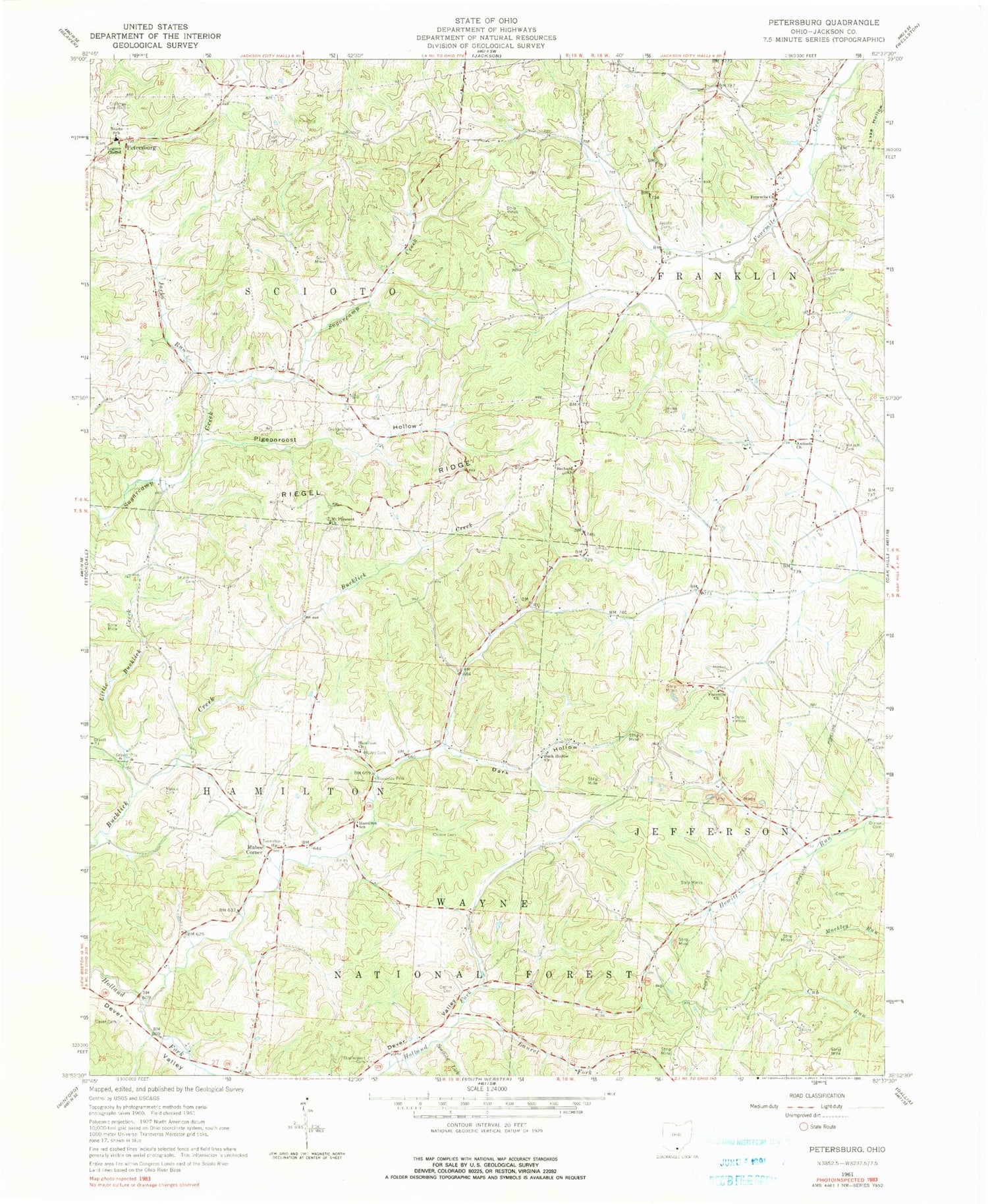 Classic USGS Petersburg Ohio 7.5'x7.5' Topo Map Image