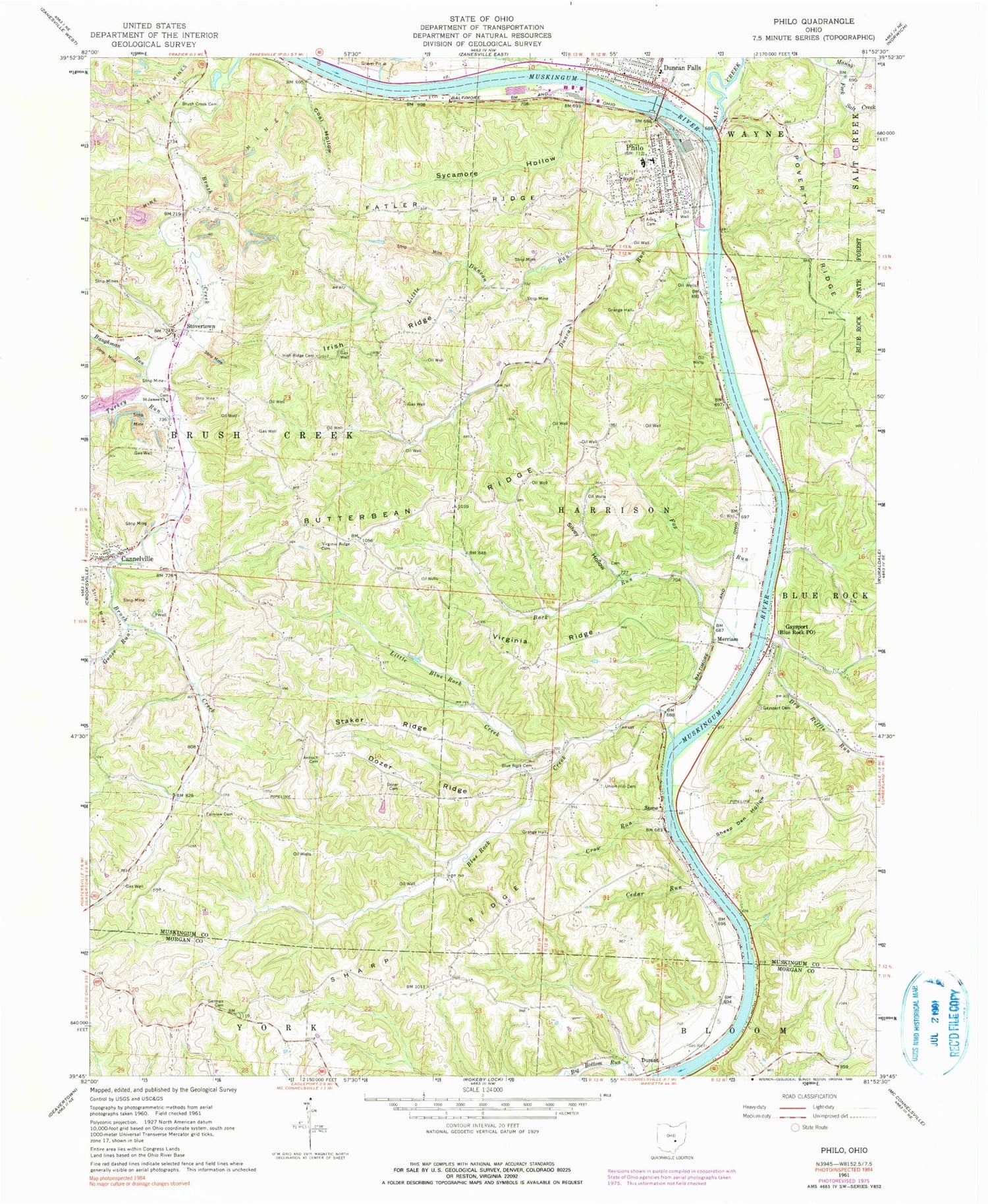 Classic USGS Philo Ohio 7.5'x7.5' Topo Map Image