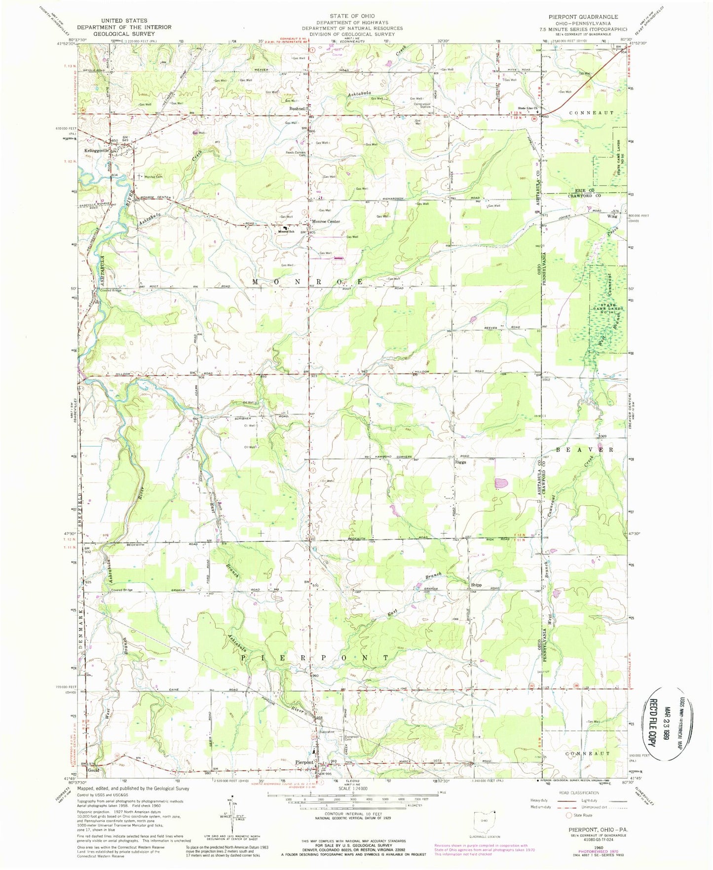 Classic USGS Pierpont Ohio 7.5'x7.5' Topo Map Image