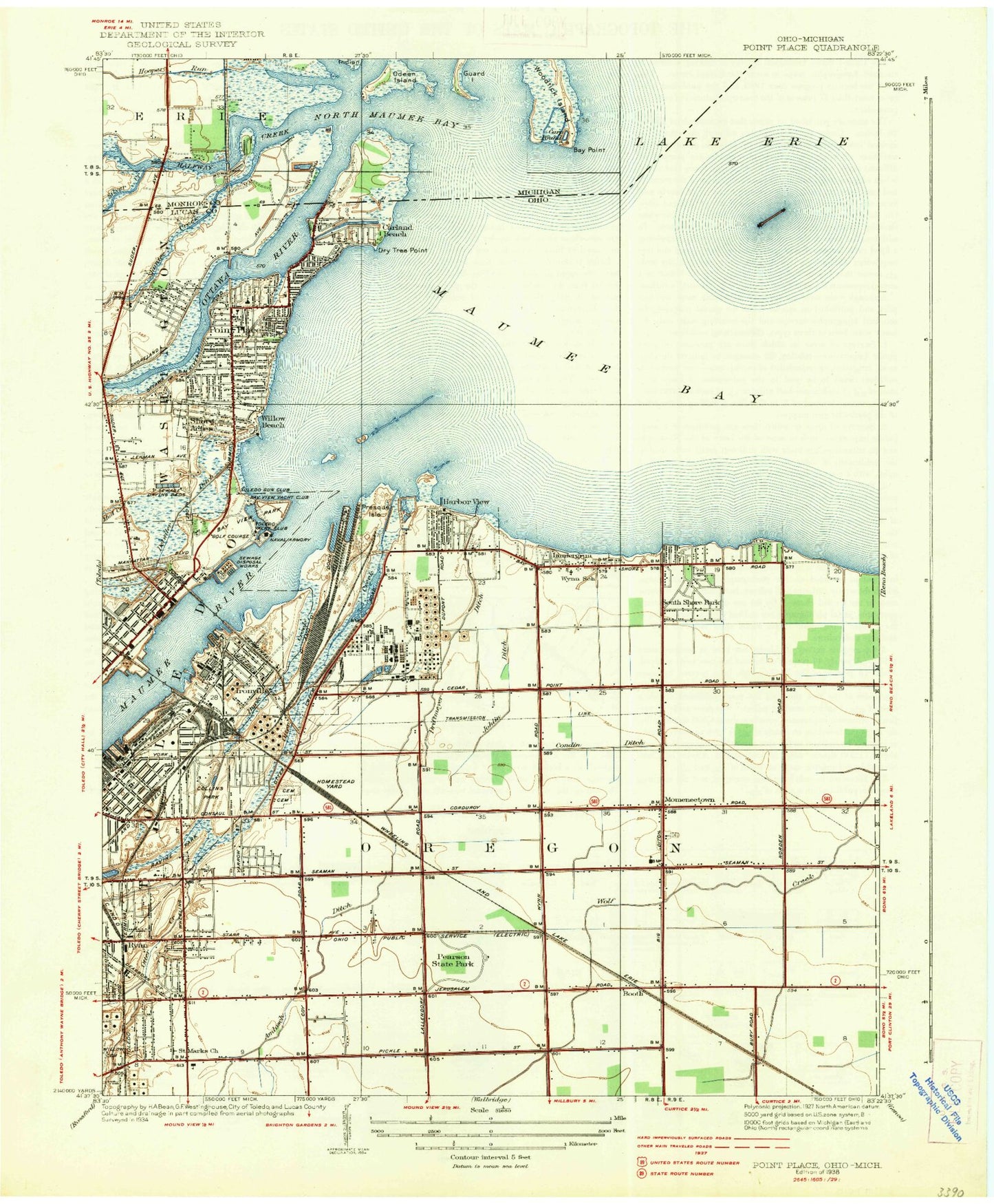 Classic USGS Oregon Ohio 7.5'x7.5' Topo Map Image