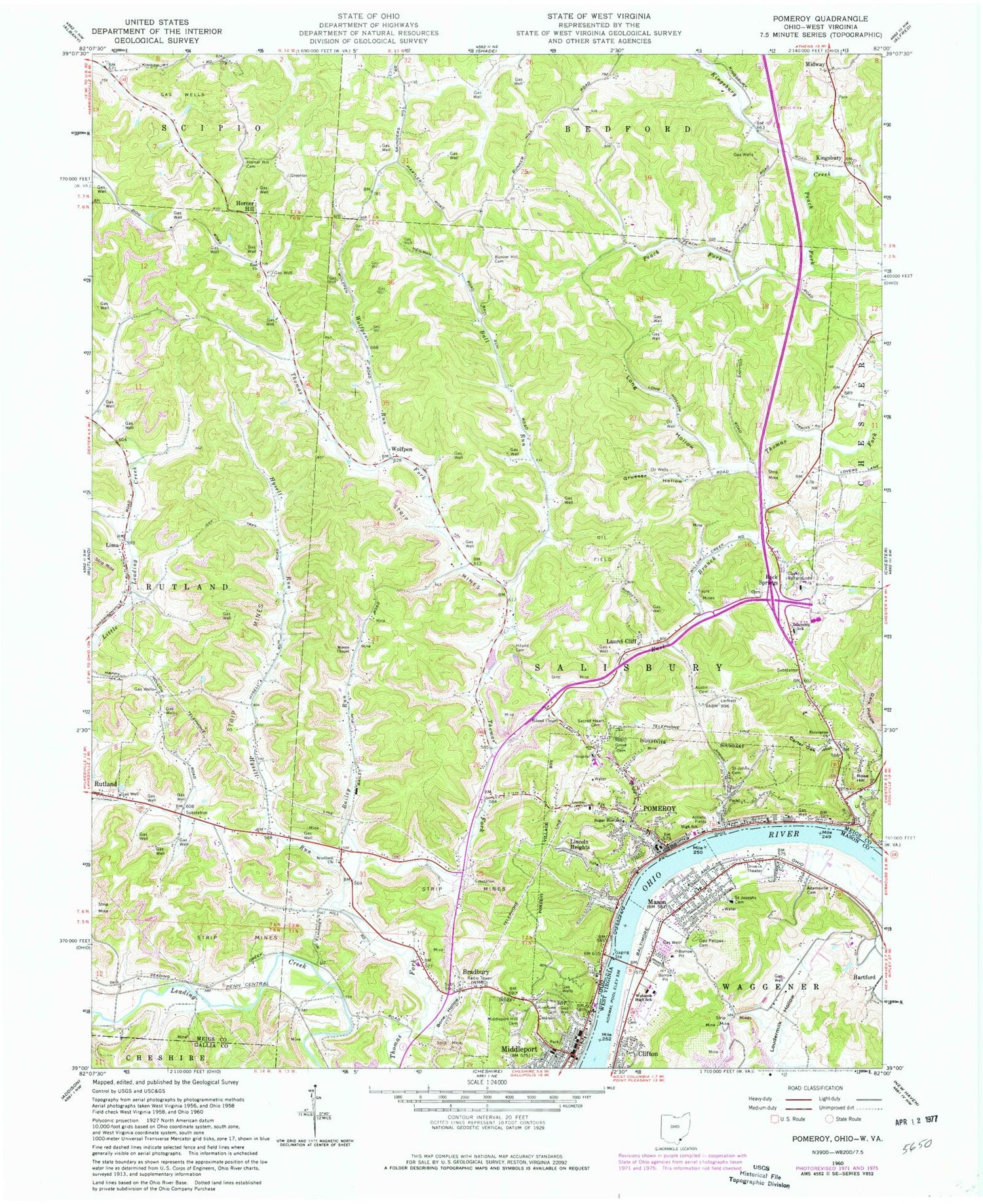 Classic USGS Pomeroy Ohio 7.5'x7.5' Topo Map Image