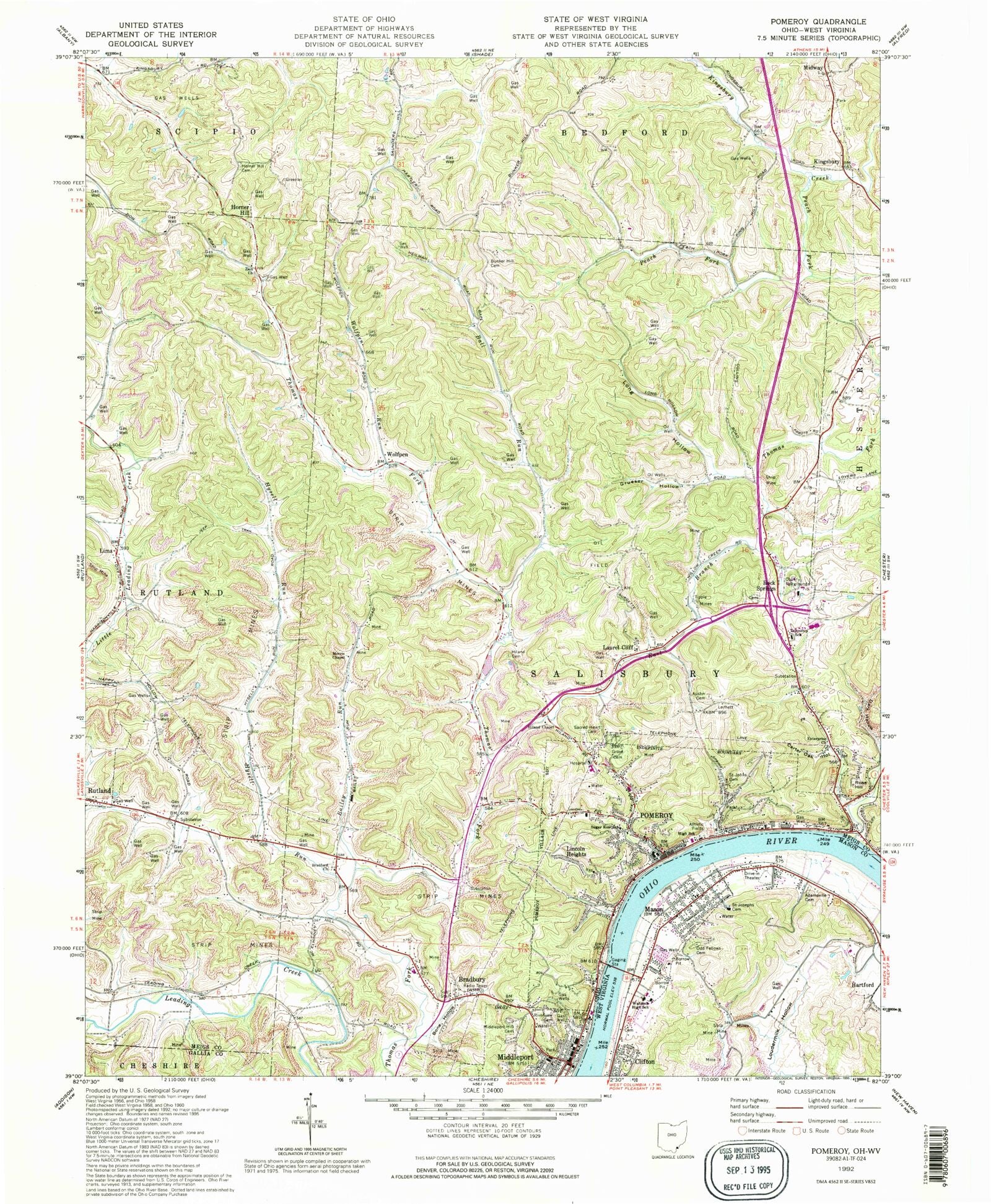 Classic USGS Pomeroy Ohio 7.5'x7.5' Topo Map – MyTopo Map Store