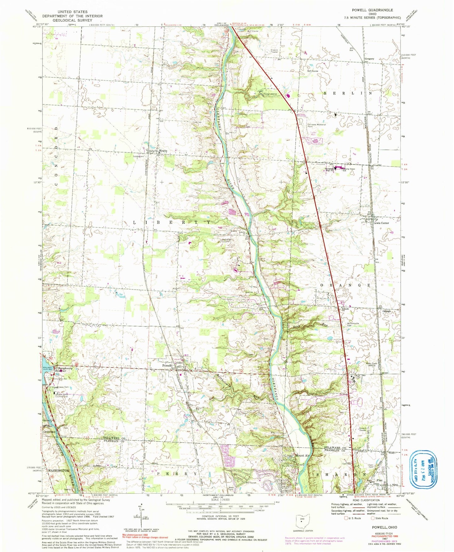Classic USGS Powell Ohio 7.5'x7.5' Topo Map Image