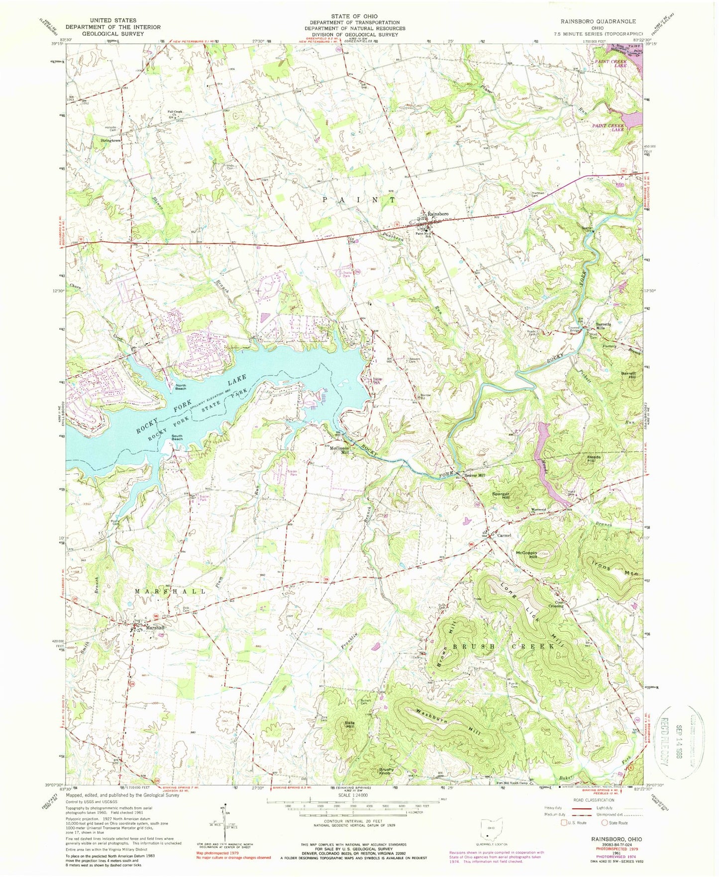 Classic USGS Rainsboro Ohio 7.5'x7.5' Topo Map Image