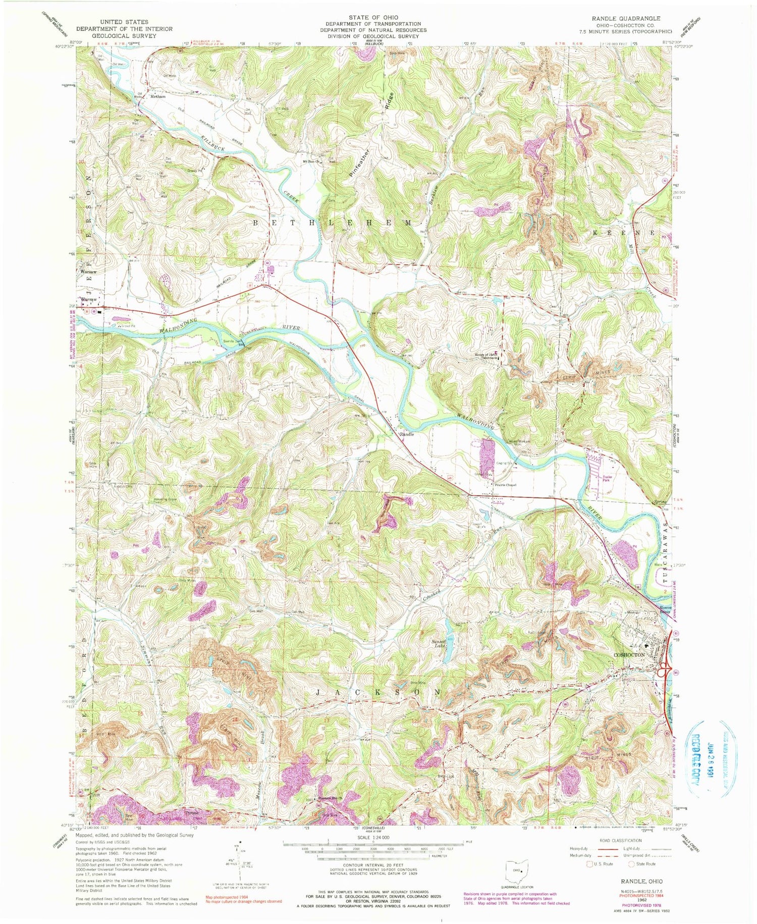 Classic USGS Randle Ohio 7.5'x7.5' Topo Map Image