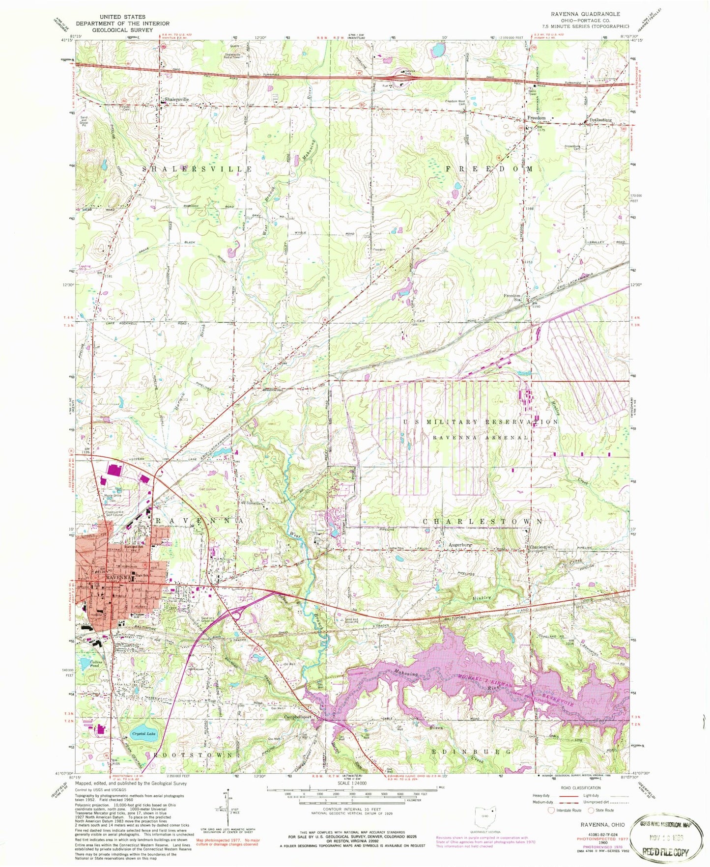 Classic USGS Ravenna Ohio 7.5'x7.5' Topo Map Image
