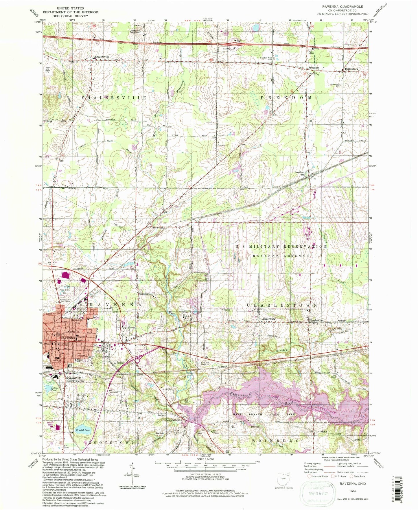 Classic USGS Ravenna Ohio 7.5'x7.5' Topo Map Image