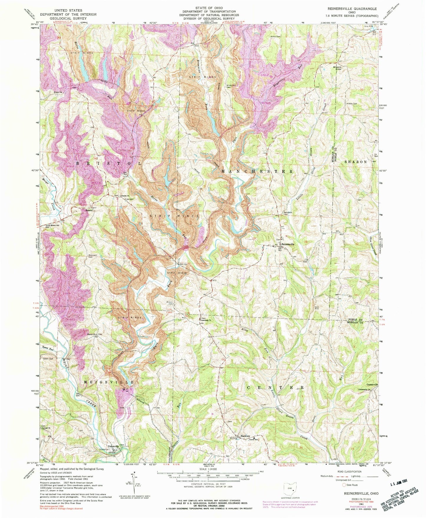Classic USGS Reinersville Ohio 7.5'x7.5' Topo Map Image