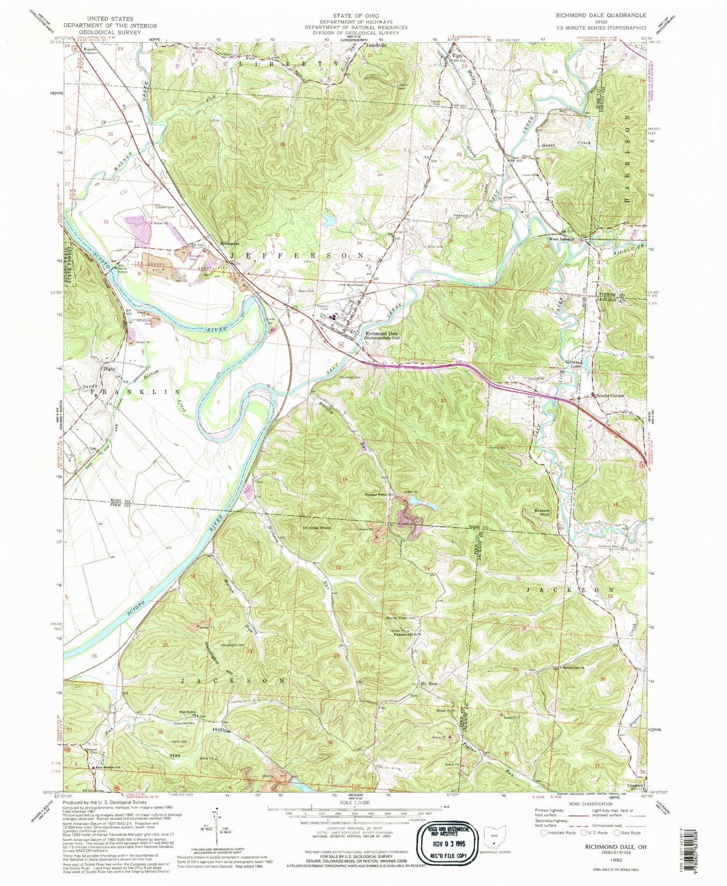 Classic USGS Richmond Dale Ohio 7.5'x7.5' Topo Map Image